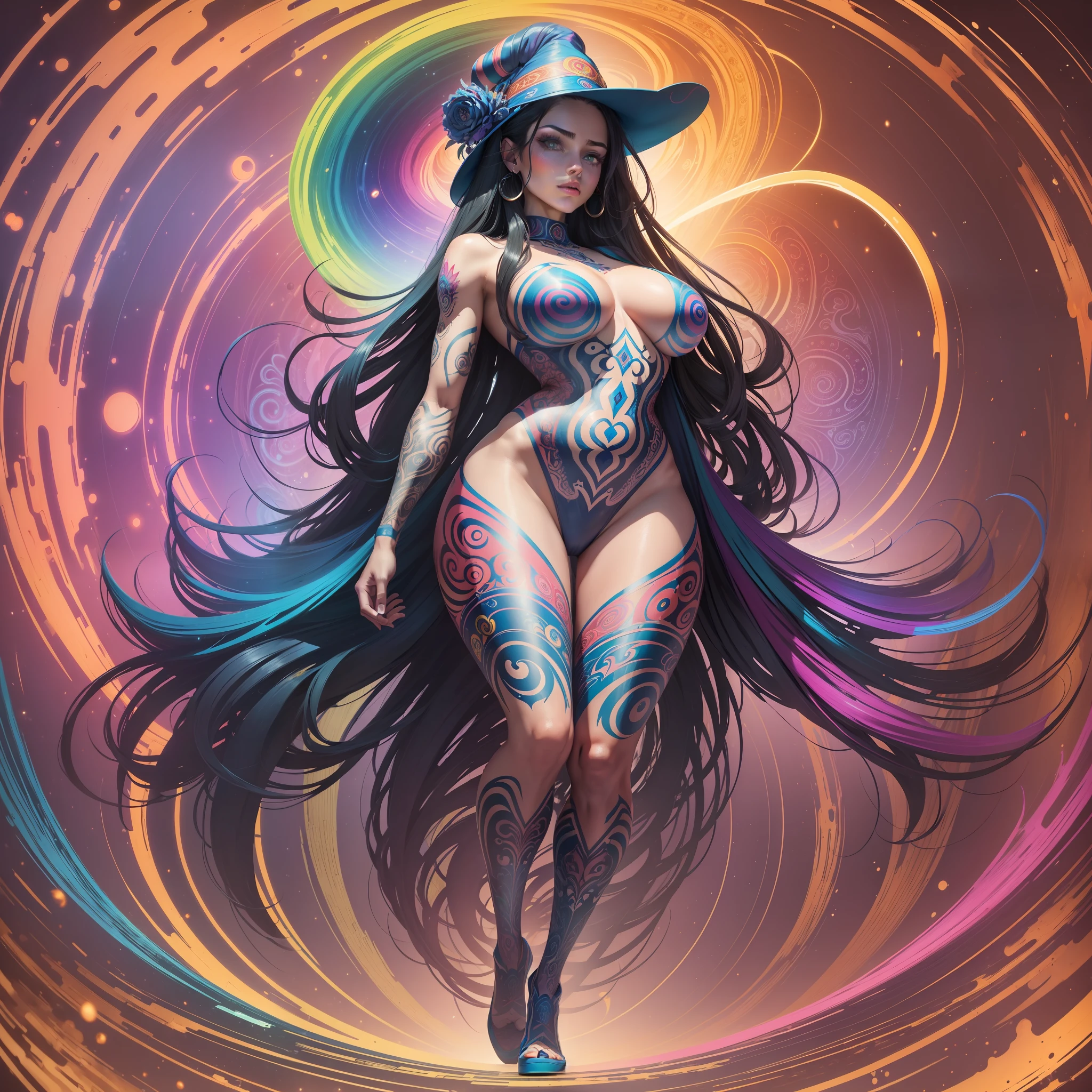 ((Best quality, 8k, Masterpiece :1.3)), 1girl, beautiful woman: behind: 1.3, full body, (long hair, large breasts: 1.2), oversized regatta: 1.2, full-body side woman, saturated colors, psychedelic image, LSD, mandala, fractral, costume, tattoo, painted body, bride, body tilted forward, art similar to Alex Grey's art, lots of color saturation, woman, vortex, ultra realistic, hat
