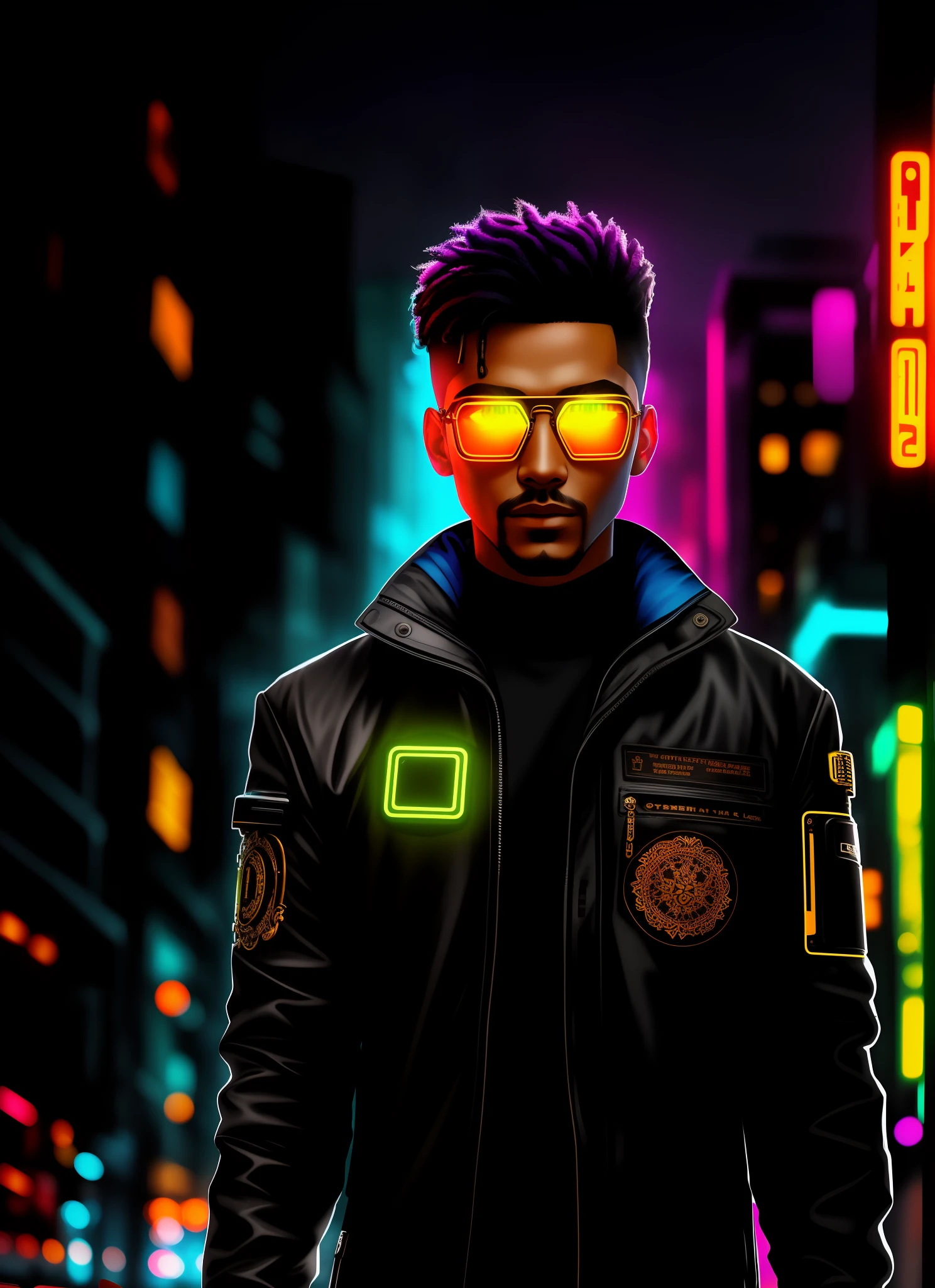 https://i.postimg.cc/nVR7cZxj/eu-2.jpg An award-winning masterpiece photo of a cyborg man with psychedelic colors standing on a city street at night in the rain, wearing neon-colored bright glasses, 8k, (high quality: 1.1), (cinematic feel: 1.1), dark and deep shadows, incredibly intricate detailing, art, (up close: 1.1), from above, looking at the observer, (bright light: 1.1), (chromatic aberration,: 1.2) background with floating light artifacts