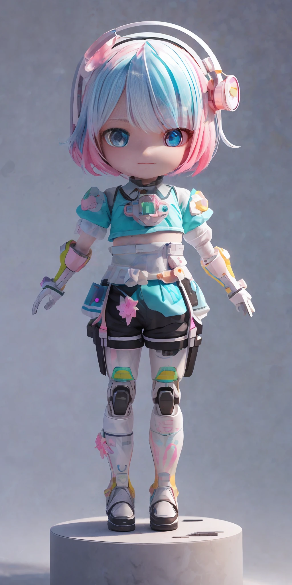 Cute little girl mechanical, blind box, holographic, 3D. model, popular market design, fluorescent transparent metal armor, bright light, precision mechanical parts, close-up intensity, super detailed, C4D, octane rendering, blender, 8K, HD --ar 1:2, glass material, white and pink tones