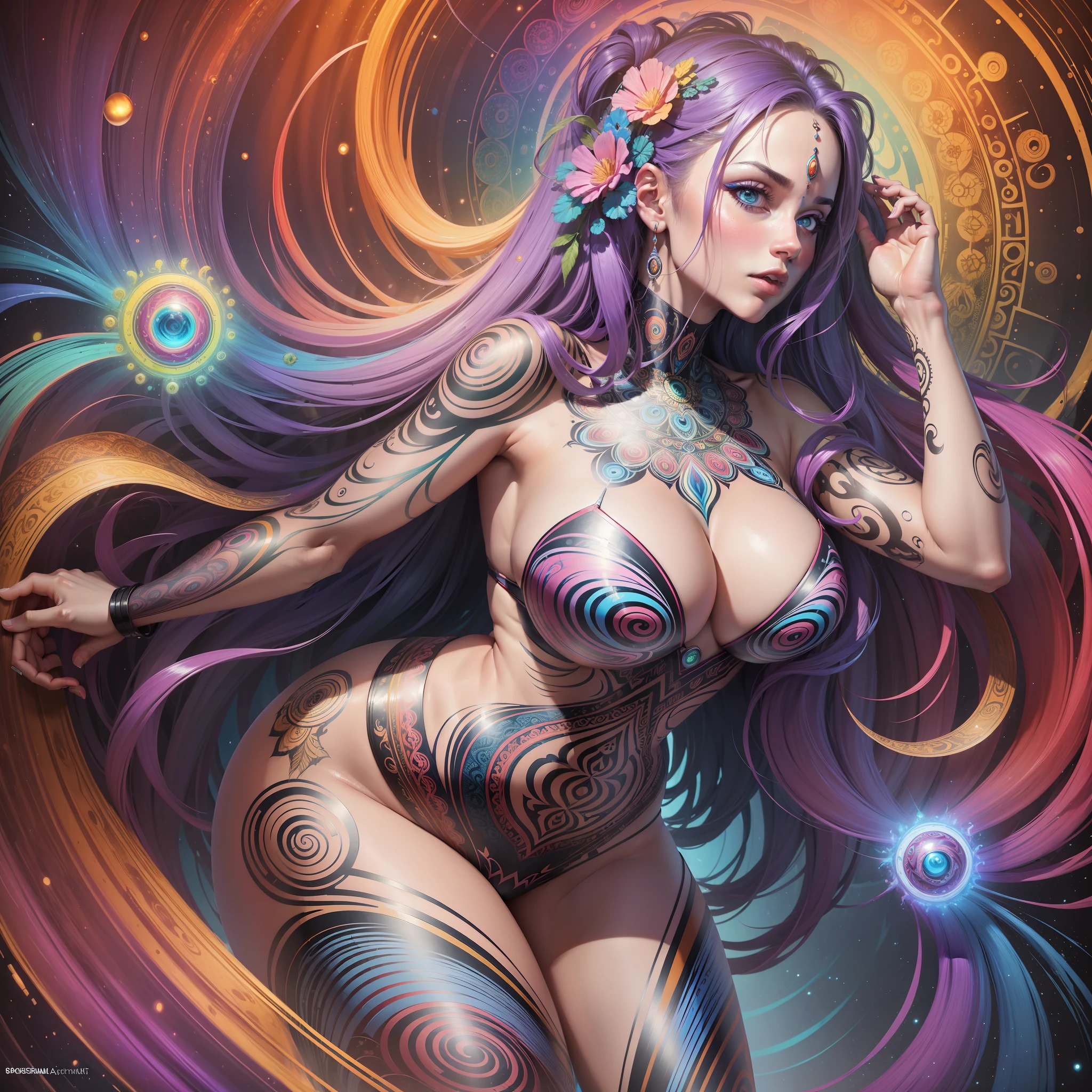 ((Best quality, 8k, Masterpiece :1.3)), 1girl, beautiful woman showing bund@: 1.3, full body, (long hair, large breasts: 1.2), oversized regatta: 1.2, full-body side woman, saturated colors, psychedelic image, LSD, mandala, fractral, costume, tattoo, painted body, bride, body tilted forward, art similar to Alex Grey's art, lots of color saturation, woman, vortex, ultra realistic