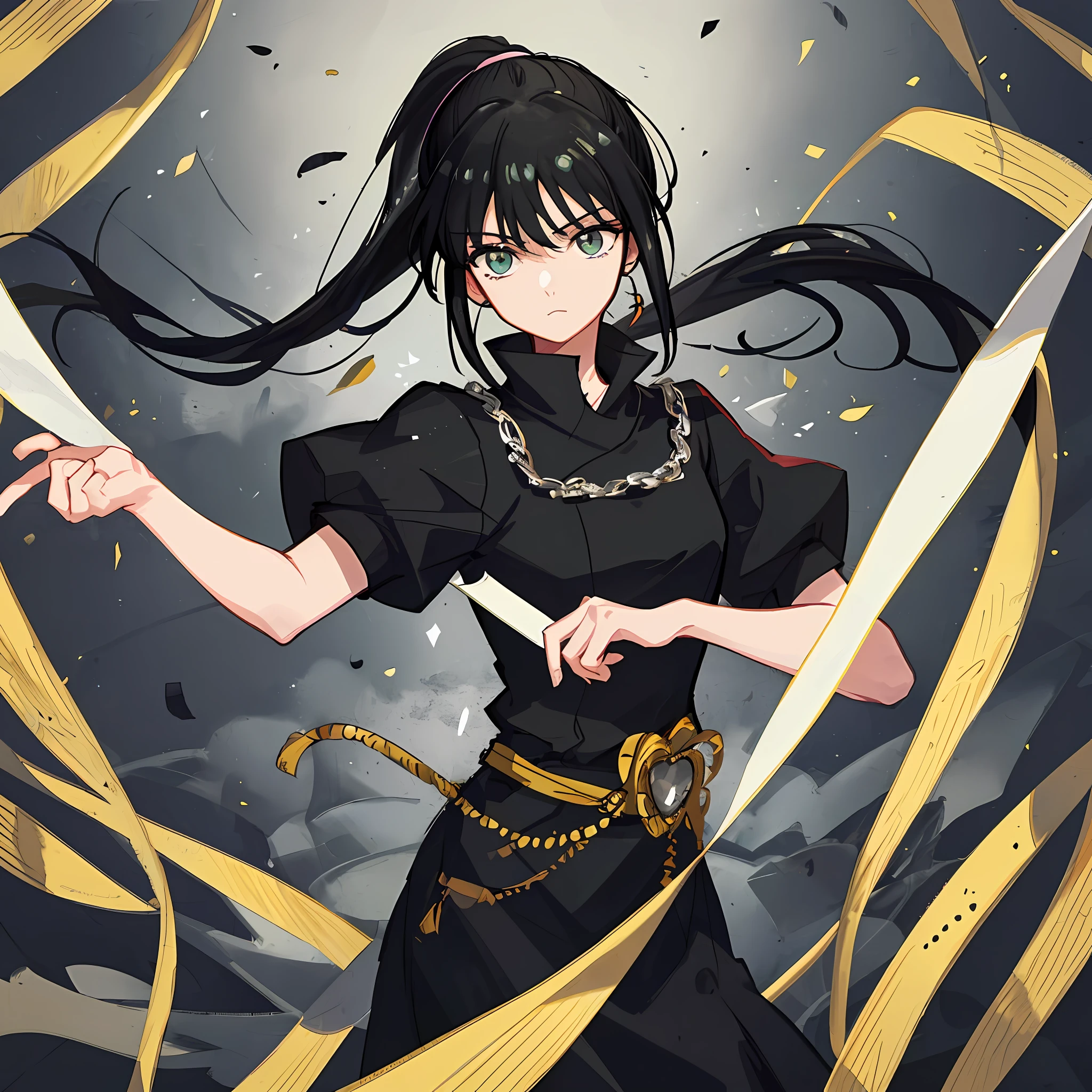 (Masterpiece), (Best Quality), (Super Detail),(Illustration), 1 Woman, Black Hair, Ponytail Hair, Black Clothing, by Yoshihiro Togashi, Manipulating Black Shadows.