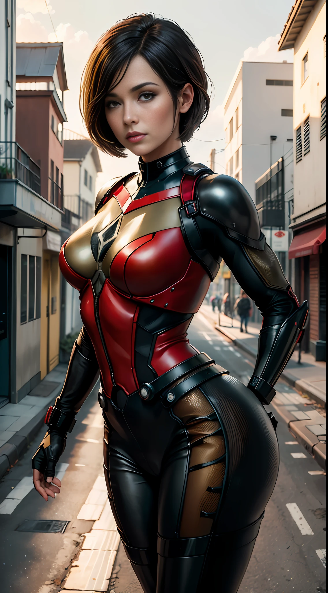 Ant-Man, bustling street, (inspired by Mass Effect), Ant-Man suit, safety rating, breast enlargement, fat buttocks, leather pants wrapped around hips (8k, foto raw, fotorrealista: 1, 25), (muito brilho labial, muitos cílios, melhor qualidade, ultra alta resolução, profundidade de campo, Aberração cromática, luz ampla, cor natural, distant image (1:2)
