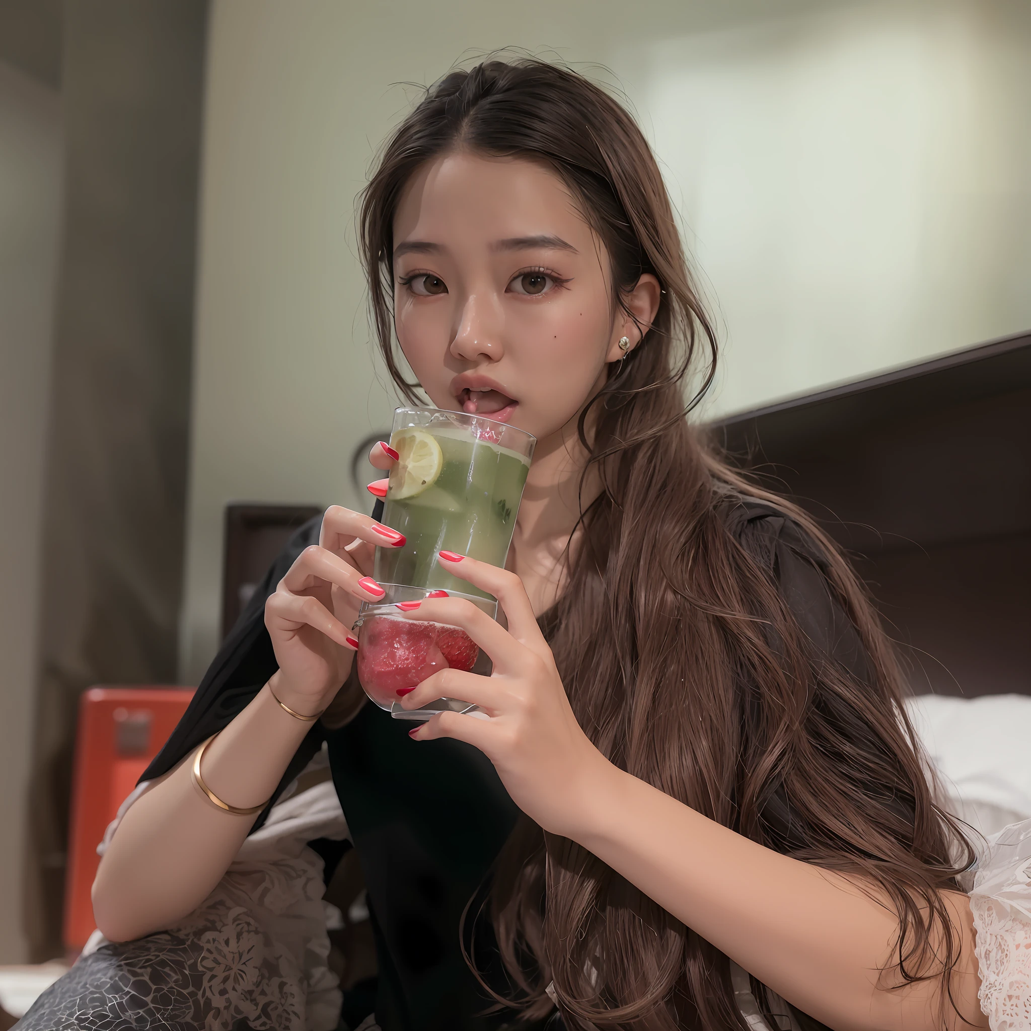 there is a woman sitting on a bed holding a cell phone, 19-year-old girl, zmonzheng, sha xi, ulzzang, 👅 👅, drink, 🍸🍋, mukbang, drinking a strawberry iced latte, bae suzy, she is about 1 6 years old, kanliu666, eating, with apple