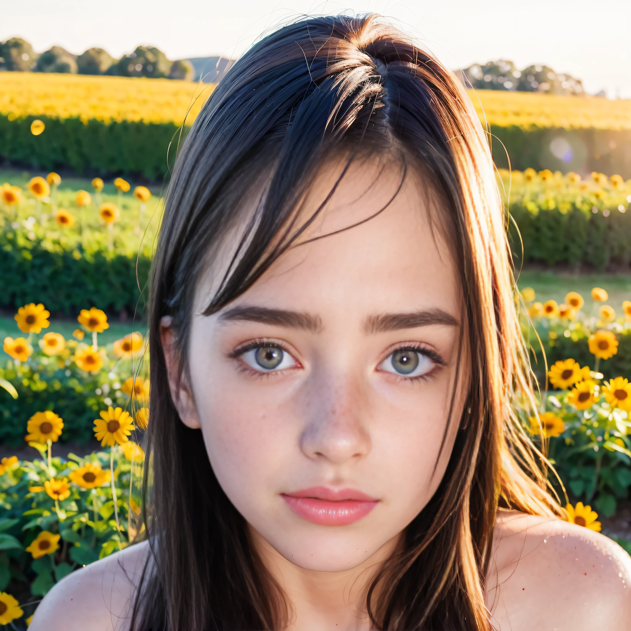 beautiful realistic woman in her twenties with freckles and skindetails in flower field during golden hour, skin with beautiful nostalgic mood and freckles with emotive face with wet skin and petals falling