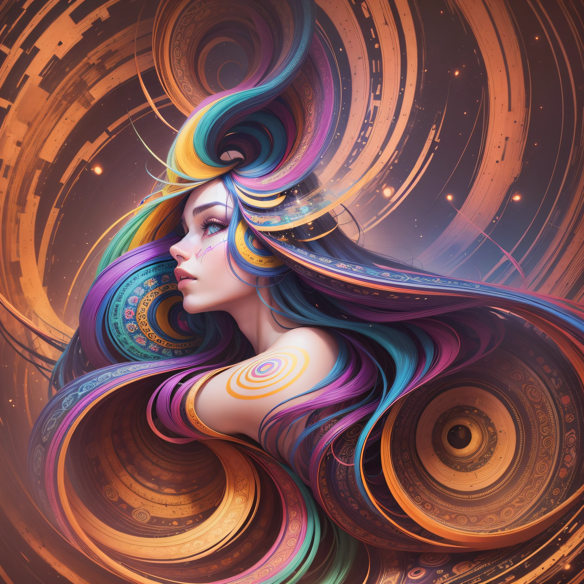 ((Best quality, 8k, Masterpiece :1.3)), 1girl, beautiful woman behind: 1.3, full body, (long hair, large breasts: 1.2), oversized regatta: 1.2, full-body side woman, saturated colors, psychedelic image, LSD, mandala, fractral, costume, tattoo, painted body, bride, body tilted forward, art similar to Alex Grey's art, lots of color saturation, woman, vortex, ultra realistic