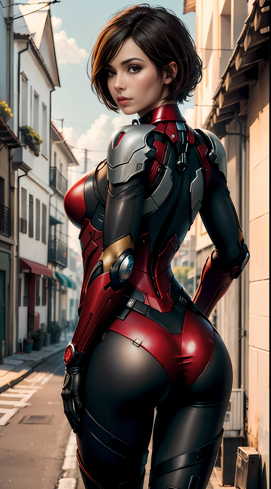 Iron Man, Bustling Street, (inspired by Mass Effect), Iron Man suit, Safety Rating, Breasts, Fat Buttocks, Leather Pants Wrapped Around Buttocks (8k, foto RAW, fotorrealista: 1, 25), (muito brilho labial, muitos cílios, melhor qualidade, ultra alta resolução, profundidade de campo, Aberração cromática, luz ampla, cor natural, distant image (1:2)