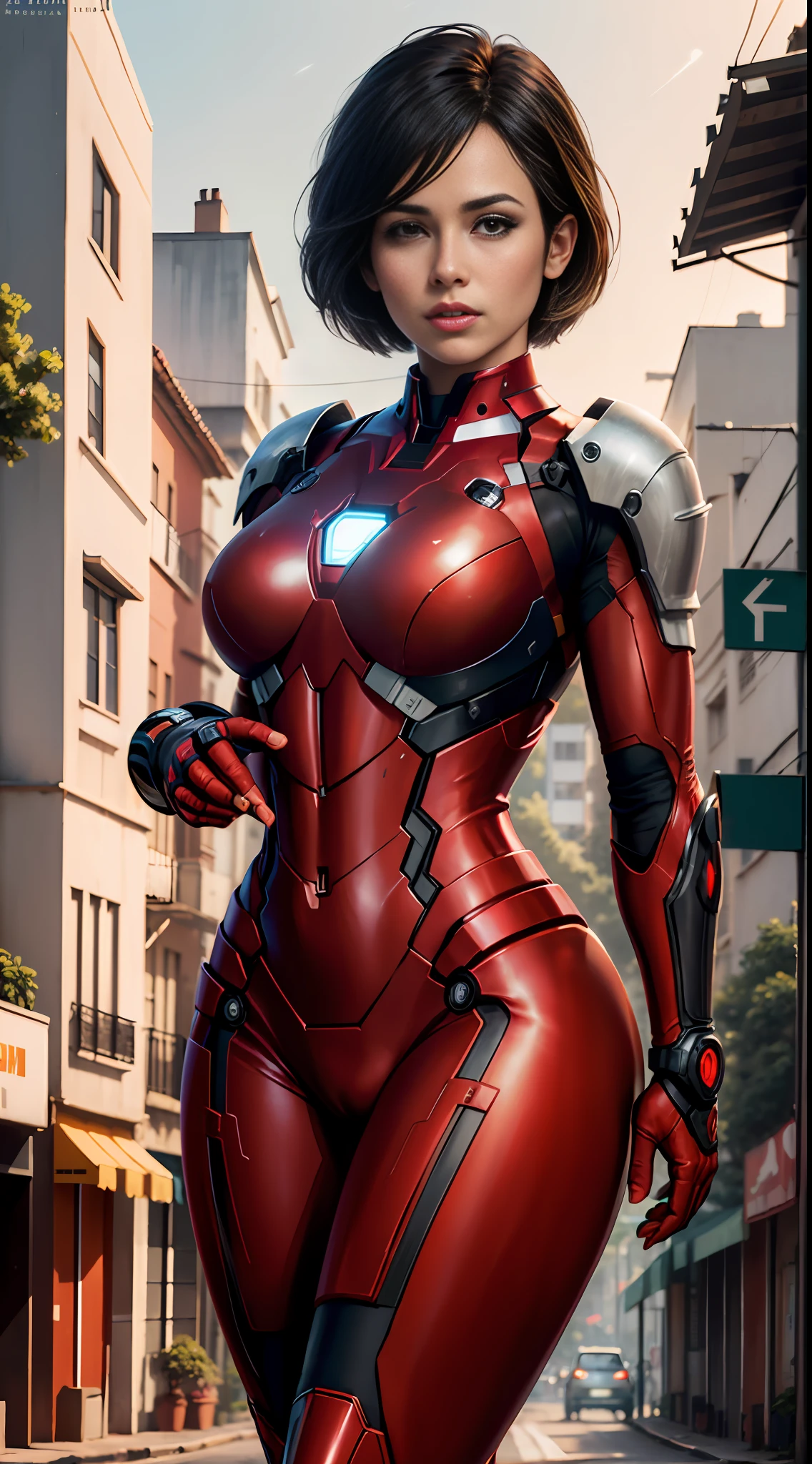 Iron Man, Bustling Street, (inspired by Mass Effect), Iron Man suit, Safety Rating, Breasts, Fat Buttocks, Leather Pants Wrapped Around Buttocks (8k, foto RAW, fotorrealista: 1, 25), (muito brilho labial, muitos cílios, melhor qualidade, ultra alta resolução, profundidade de campo, Aberração cromática, luz ampla, cor natural, distant image (1:2)