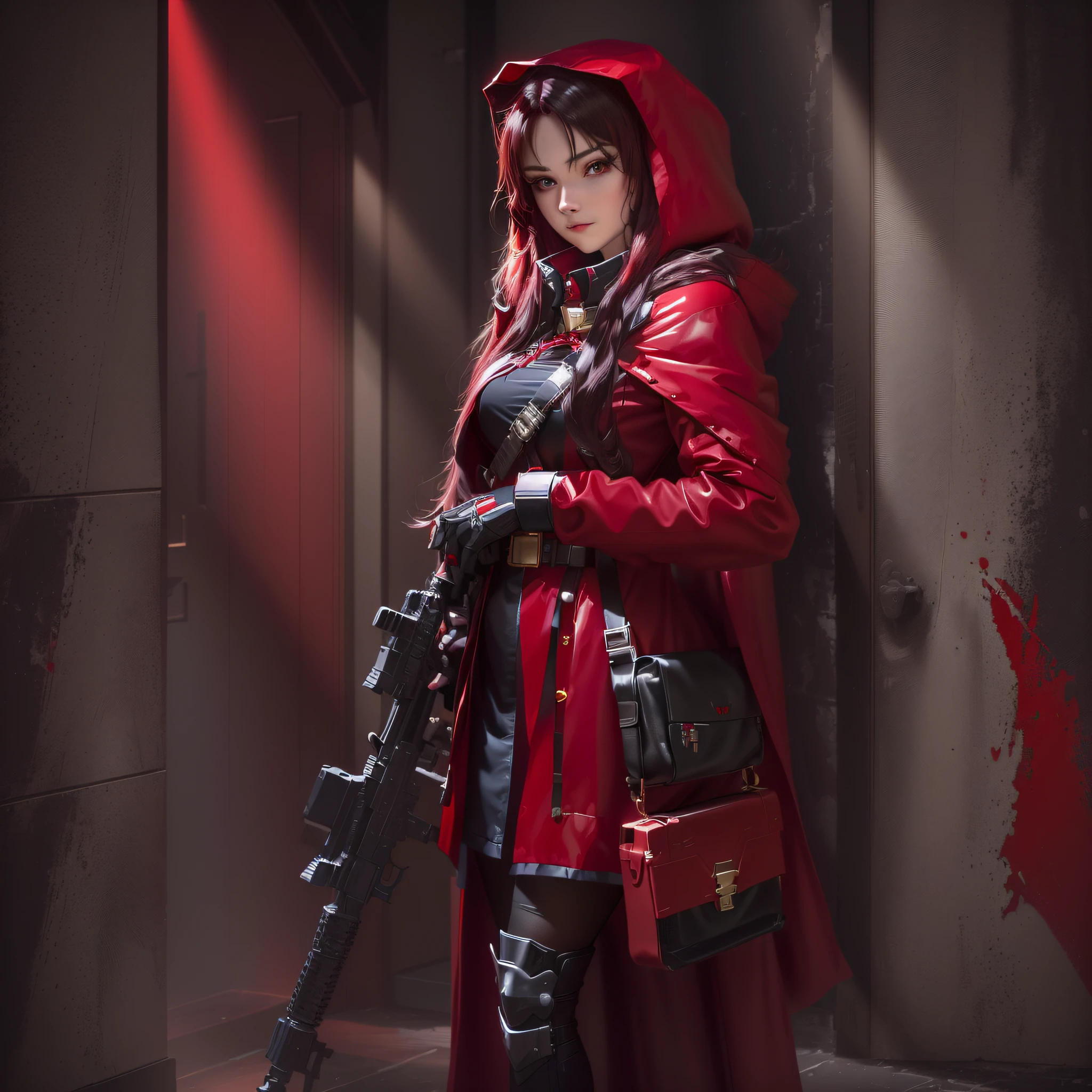 there is a woman in a red cape holding a gun, thief red riding hood, cosplay photo, female rouge assassin, dressed in a beautiful red cloak, rin tohsaka, professional cosplay, cosplay, anime girl cosplay, by Yang J, anime cosplay, cosplayer, by Bernardino Mei, m4 sopmod ii girls frontline, alice x. zhang, realistic cosplay