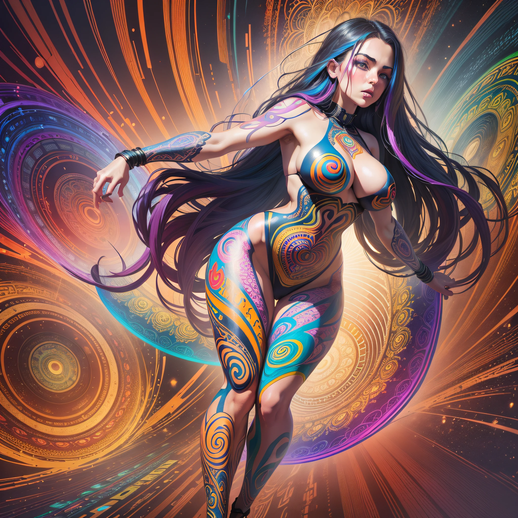 ((Best quality, 8k, Masterpiece :1.3)), 1girl, beautiful woman with emphasis on chubby abs: 1.3, full body, (long hair, large breasts: 1.2), oversized regatta: 1.2, full-body side woman, saturated colors, psychedelic image, LSD, mandala, fractral, costume, tattoo, painted body, bride, body leaning forward, art similar to Alex Grey's art, lots of color saturation, woman, vortex, ultra realistic