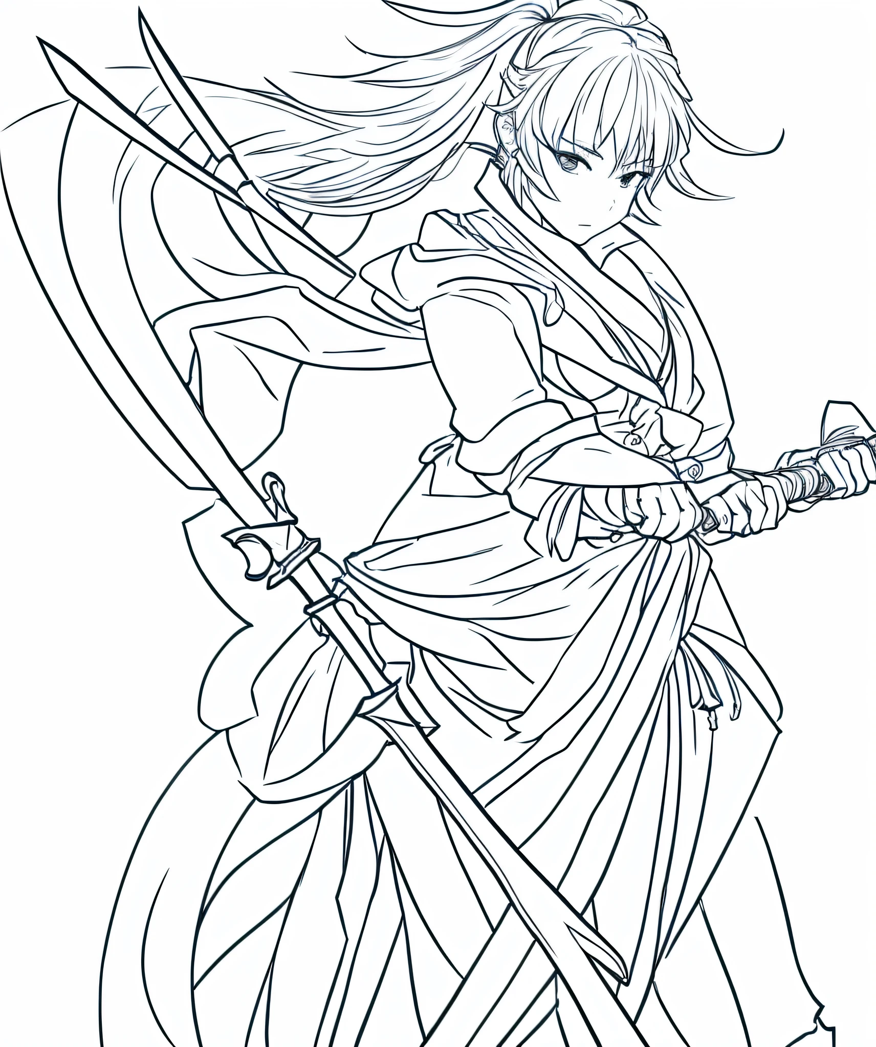 A drawing of a costumed ager with a sword, clean line art, clean anime silhouette, perfect line art, simple line art, bold line art, contour sketch, flowing hair and robes, sharp line art, line art, clean line art, strong line art, contour art, variable line art,