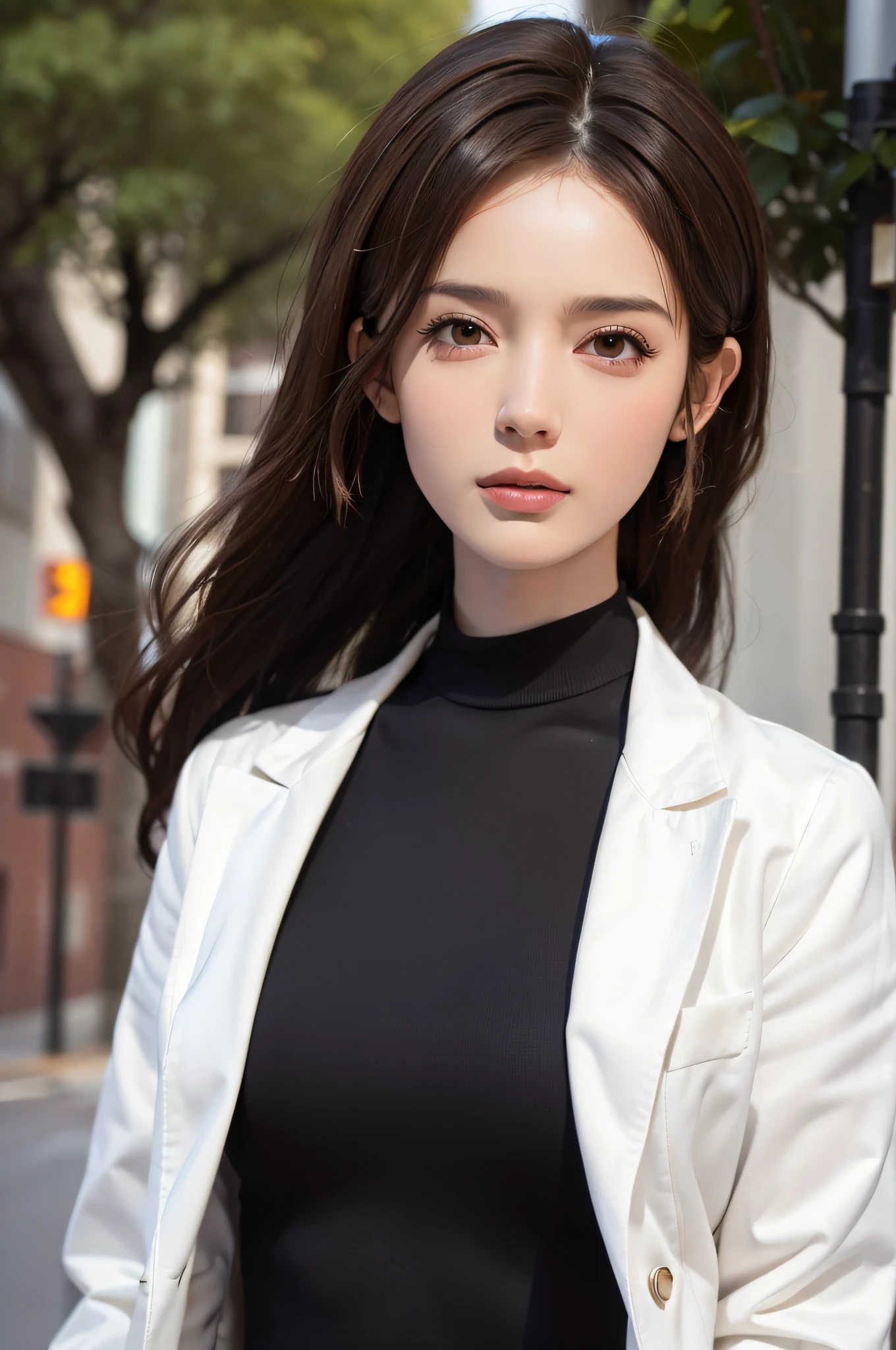 ((Realistic lighting, top quality, 8K, Masterpiece: 1.3)), Focus: 1.2, 1 girl, Perfect figure: 1.4, Slim abs: 1.1, ((Dark brown hair)), (White coat that looks like a female doctor: 1.4), (Outdoor, Daytime: 1.1), Ultra-fine face, narrow eyes, double eyelids,