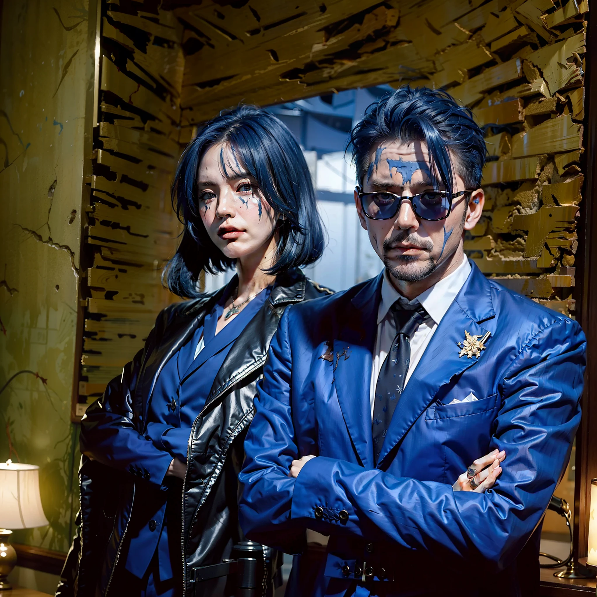 navy blue hair, 45 year old man in suit sunglasses serious in hell scars goatee