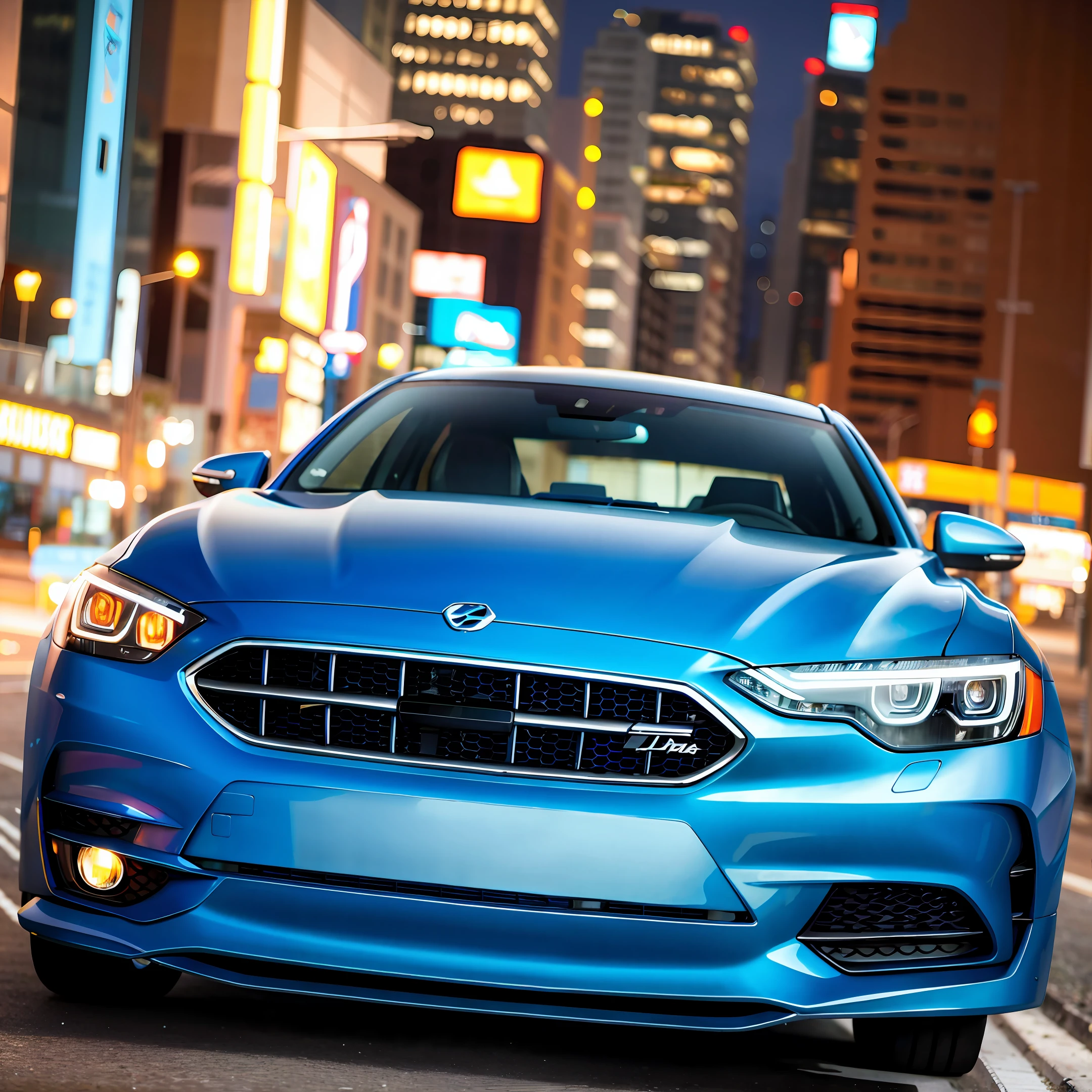 Blue metallic sedan car walking at dusk with blur