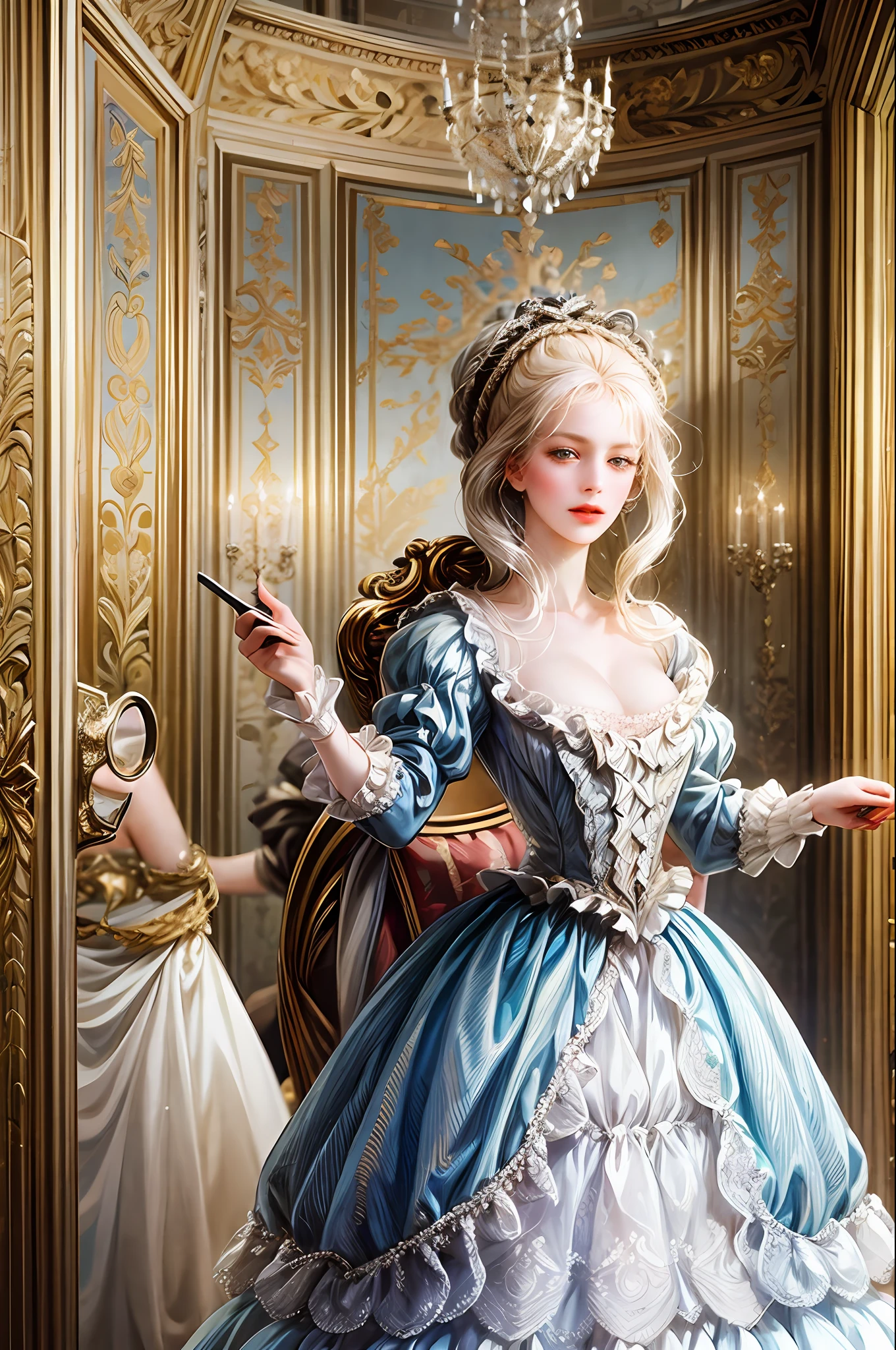 A selfie of Marie Antoinette walking in the Palace of Versailles in 1774, with the French queen surrounded by her courtiers and wearing a beautiful dress and a powdered wig. --auto --s2