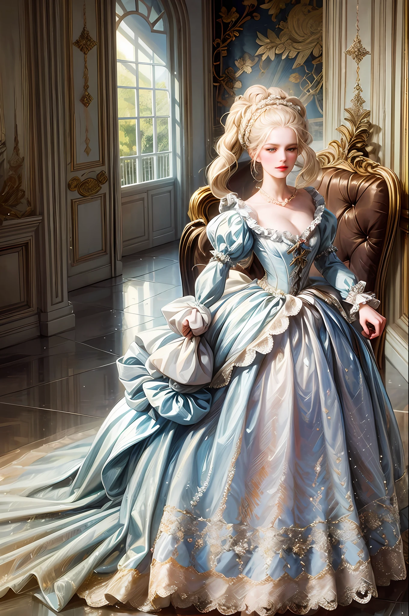 A selfie of Marie Antoinette walking in the Palace of Versailles in 1774, with the French queen surrounded by her courtiers and wearing a beautiful dress and a powdered wig. --auto --s2