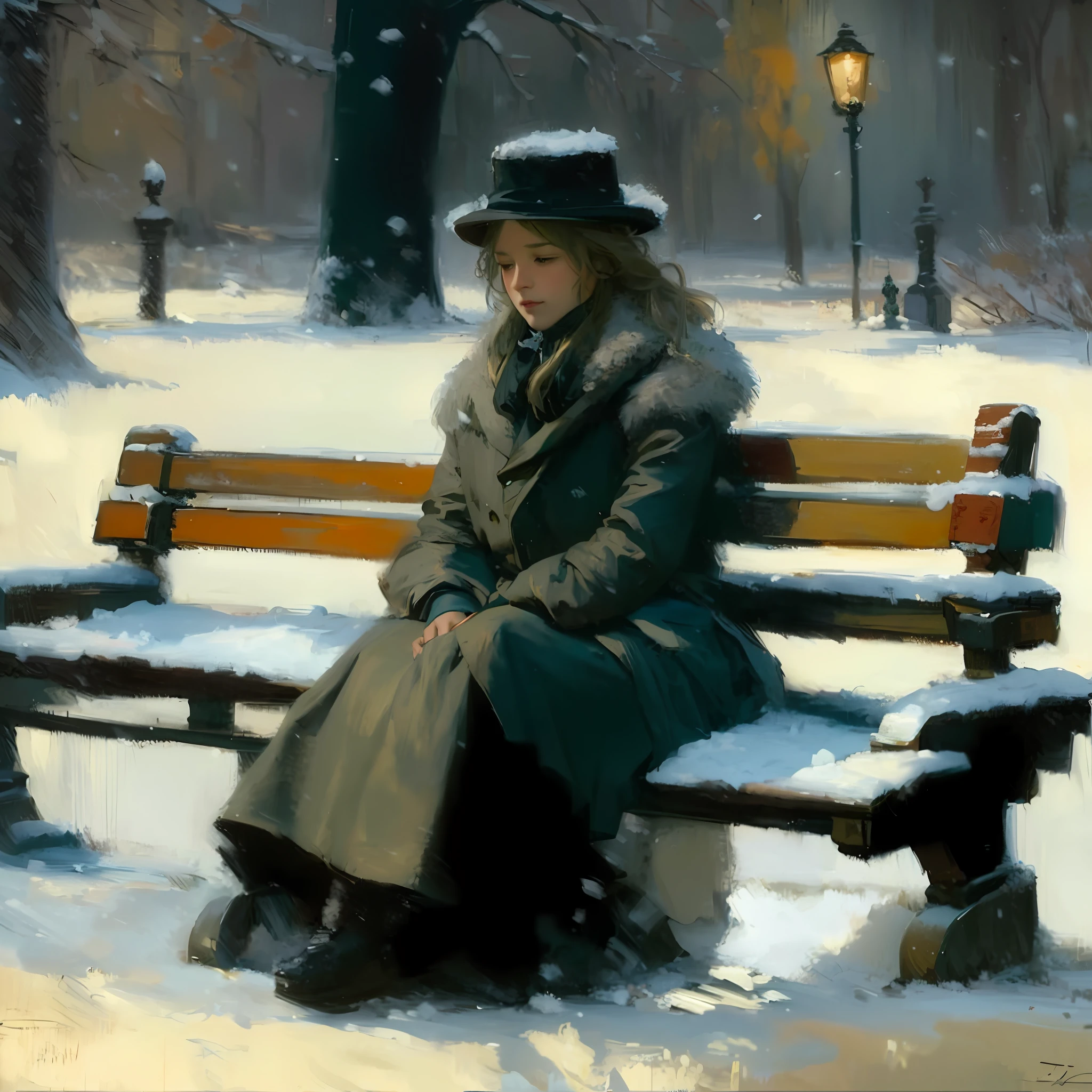 painting of a woman sitting on a bench in a winter scene, inspired by Ivan Kramskoi, inspired by Ilya Repin, inspired by Julius LeBlanc Stewart, inspired by Ilya Yefimovich Repin, inspired by Konstantin Vasilyev, inspired by Albert Edelfelt, inspired by Fyodor Vasilyev, inspired by Édouard Detaille