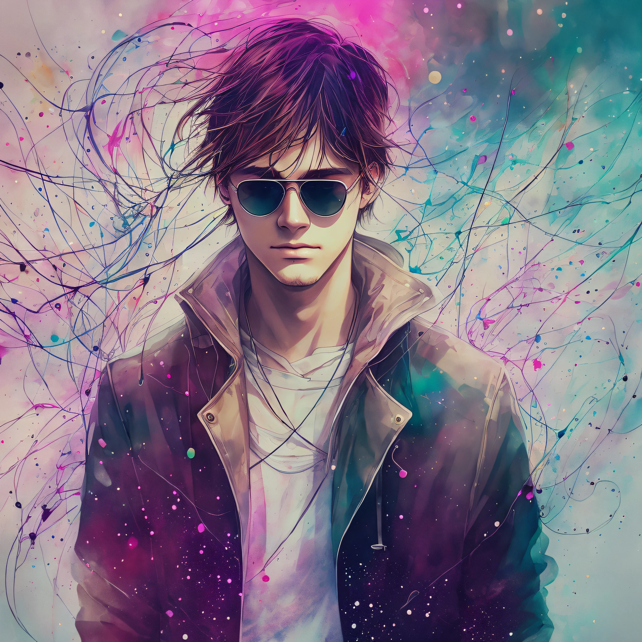 Young man of Agnes Cecile, wearing sunglasses, glowing design, pastel colors, ink droplets, autumn lights --auto --s2