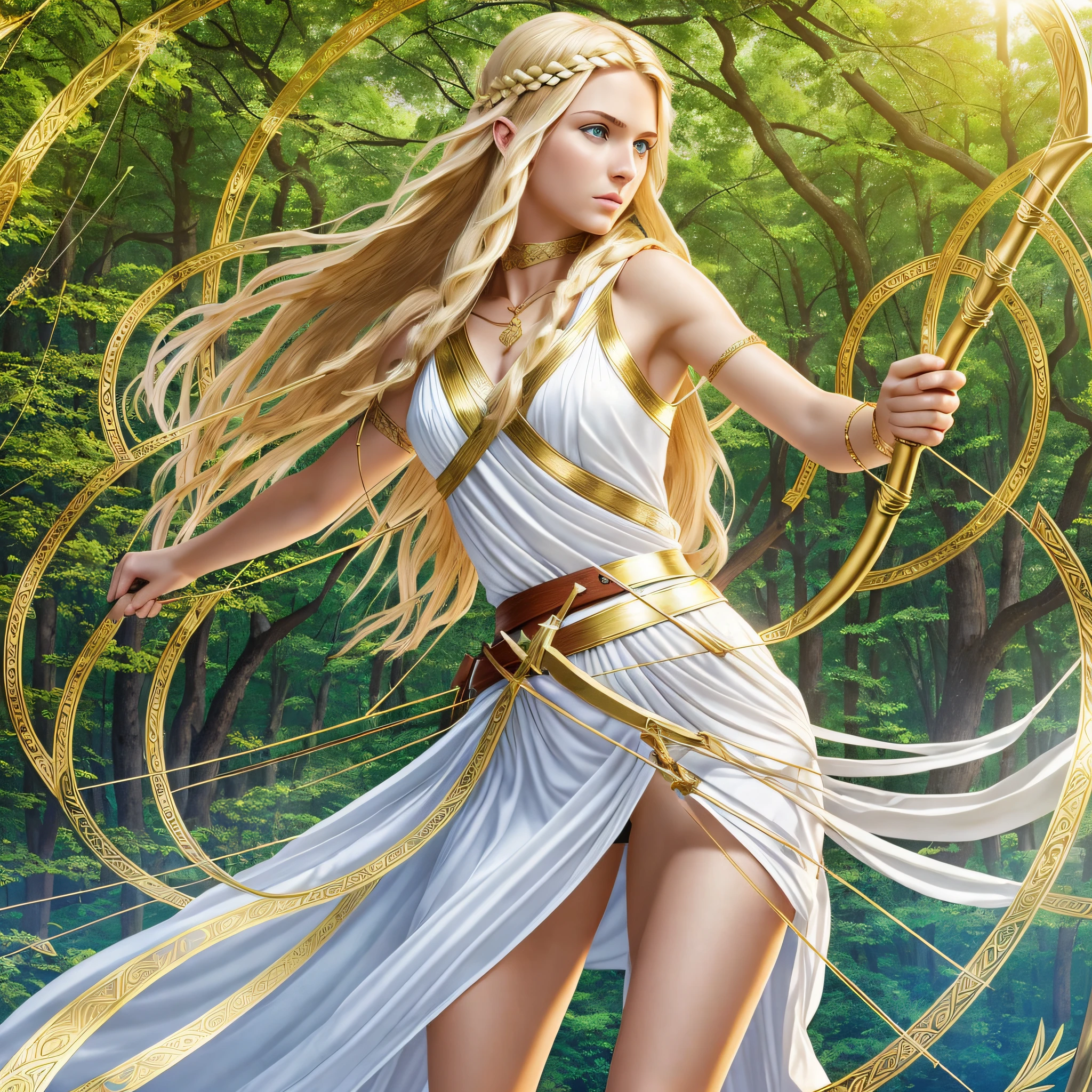 Wilderness and virgin Greek goddess, blue eyes, blond hair, fair skin, amazingly gorgeous, stern, determined, tall and thin, sleeveless very short Greek white tunic with golden belt, archery, having a bow, bow golden, archery, mythical Arcadian mountains and forests, photorealistic, super high quality, high detail, masterpiece, 4k --auto --s2