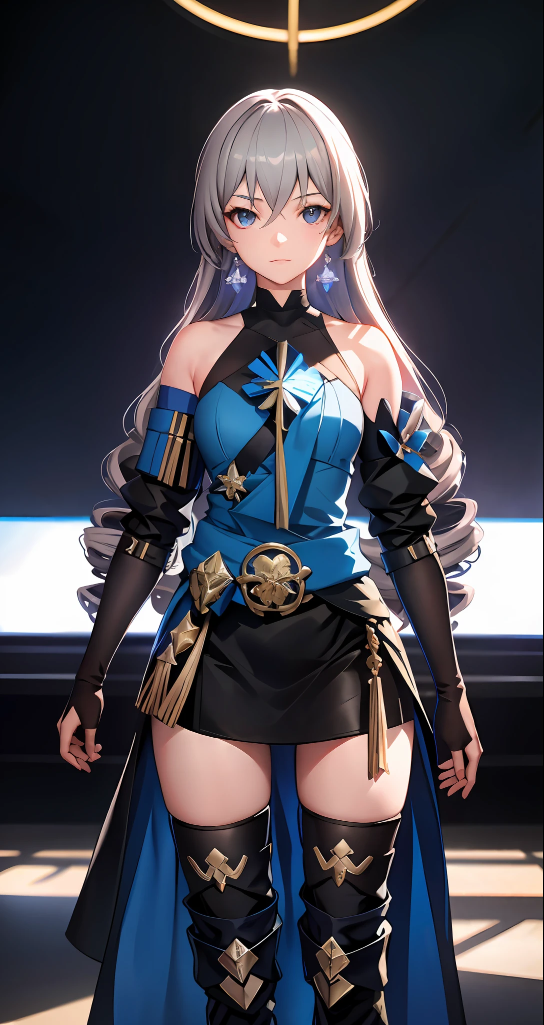 ph bronya, 1girl, solo, accessories, earrings, long hair, gray hair, bangs, drill, bare shoulder, grey eyes, boots, stockings, hair between eyes, boots, elbow gloves, sleeveless, black gloves, double diamonds, belt, leggings, white skirt, chest, small breast, black shoes, long sleeves, (Masterpiece: 1.2, Excellent), (Delicate Eyes: 1.2), (Background Detailed, Dark Fantasy), (Beautiful Detailed Face), High Contrast, (Best Lighting, Extremely Delicate and Beautiful), ((Cinematic Light)), Colorful, Hyperdetailed, Dramatic Light, Intricate Details, (Sharp Facial Hair Between Eyes, Dynamic Angle), Black Light Rotating Around Characters, Depth of Field, Black Light Particles, (Broken Glass), Slender Figure, Perfect Figure, City Background, (Realisticity: 1.2), (Pureerosface _v1:0.5), cowboy shot, Honkai Star Orbit