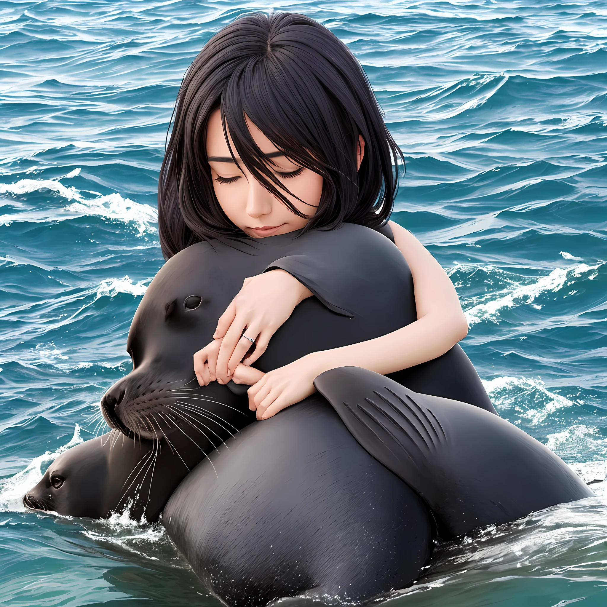 Black haired woman hugging a seal in the ocean, high quality --auto --s2
