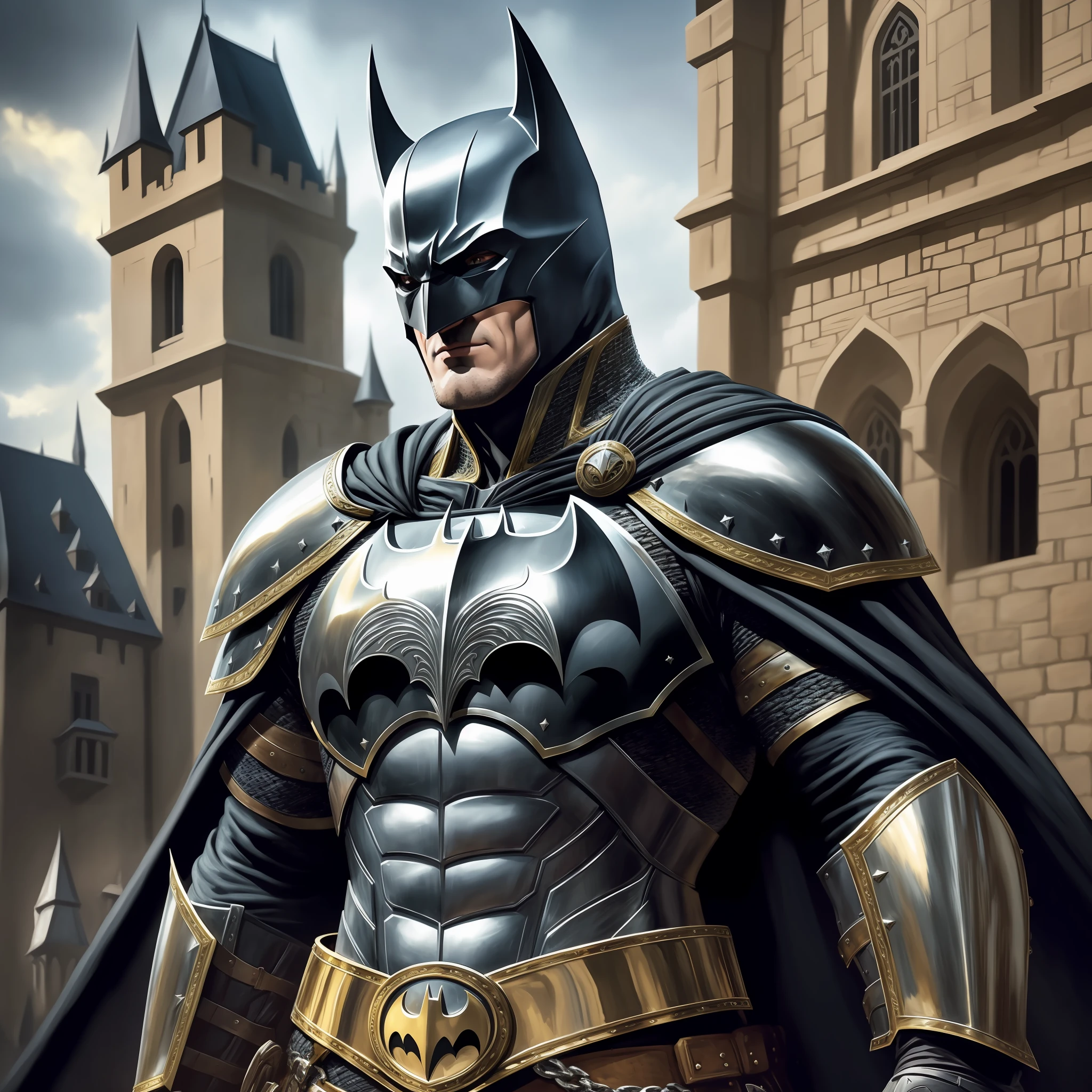 **A stunning oil painting of the Batman Dark Knight himself, transformed into a medieval incarnation, complete with shining armor that glimmers in the sunlight. His iconic cowl and cape still remain, but they are draped over his armored shoulders as he stands tall with his arms crossed. The scene takes place in a dramatic castle courtyard, with ancient stone walls looming high above. The air around Batman is filled with the sound of clanging swords and the echo of stomping boots from knights and soldiers. An intense look of determination is etched onto his face as he surveys his surroundings. The artist has paid special attention to the intricate details in the armor, from the gold trim on his chest plate to the chainmail draped across his arms. The painting is breathtakingly realistic, capturing every subtle shadow and highlight. This stunning piece of artwork will transport you to a medieval kingdom where Batman reigns supreme as a fearless warrior,high quality, hyperrealistic, photography --auto --s2