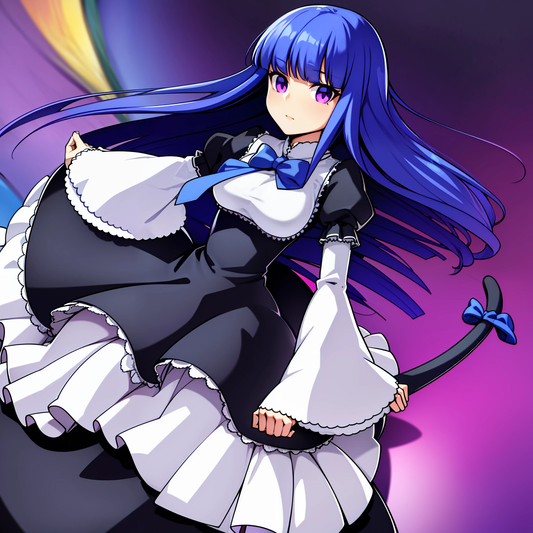 1girl, frederica bernkastel, bangs, blue bow, blue hair, blunt bangs, bow, breast hold, cat tail, dress, long hair, long sleeves, purple eyes, large crystals in background, solo, tail bow, tail ornament, tail raised, tail ribbon, expressionless