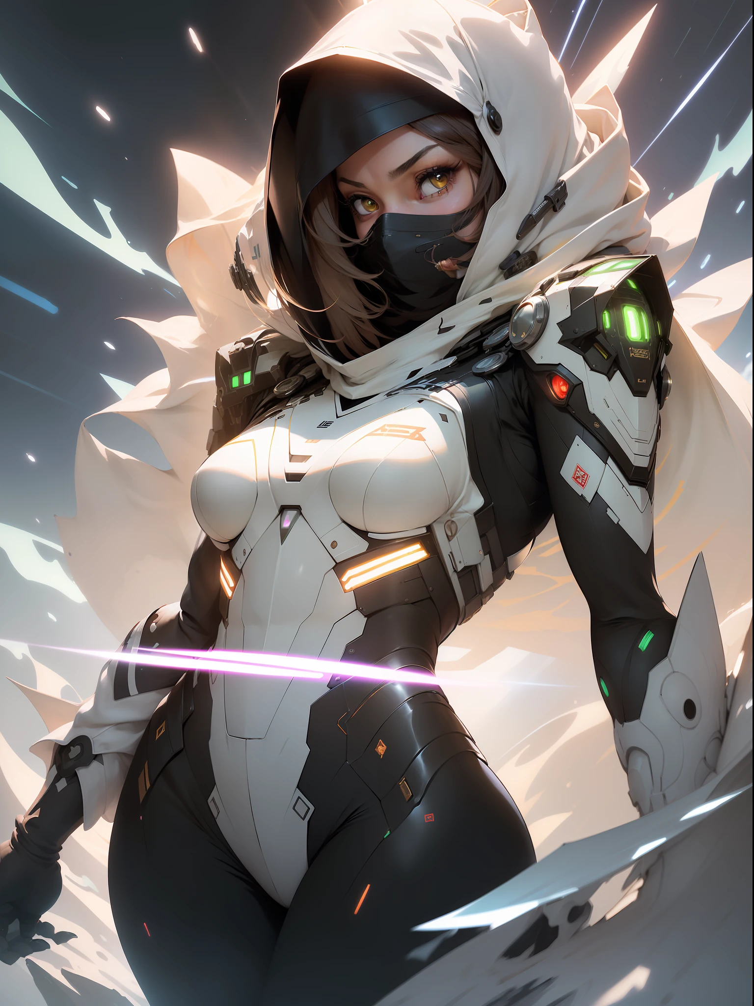 ((Best quality)), ((masterpiece)), (detailed: 1.4), (Nonsense), Fighter pilot Muslim woman ready for war, dark skin, Middle Eastern woman, sculptural body with defined muscles, mouth closed, muscular body covered by a technological dress Hoyoverse style, Honkai Impact, Geishin Impast, veil covering the face, Veil covering the head, whole body covered by clothing, ((small breasts)), (brown eyes without pupils), ((very dark and white green clothing)), (((dark brown wavy hair fulfilled)), (thin white stripes on the green covering the breasts), (image of a Persian sword on the arms), (((lightning ray drawings on the arms)), very long eyelashes, heavy eye makeup, lots of jewelry, by mucha, niji --V5, close to the real, psychopathic, crazy face, sexy pose, background with a giant Gundam style robot head, 2 piece clothing, shoulder pads, airplane wings on the back, pastel, centered, scale to fit dimensions, HDR (High Dynamic Range),Ray Tracing,NVIDIA RTX,Super-Resolution,Unreal 5,Subsurface dispersion, PBR texture, Post-processing, Anisotropic filtering, Depth of field, Maximum clarity and sharpness, Multilayer textures, Albedo and specular maps, Surface Shading, Accurate Simulation of Light-Material Interaction, Perfect Proportions, Octane Render, Two-Tone Lighting, Wide Aperture, Low ISO, White Balance, Rule of Thirds, 8K RAW, Crysisnanosuit