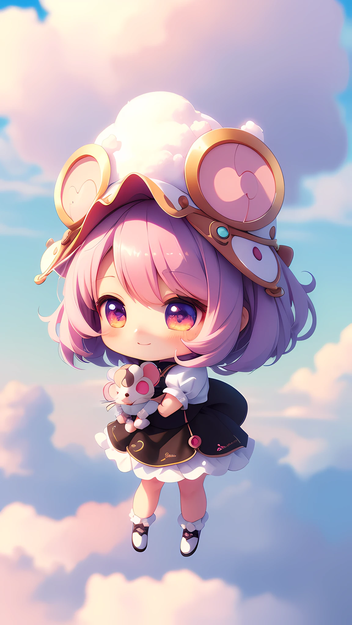 Mouse morphing girl, fluffy, soft ((best quality)), ((masterpiece)), ( extreme detail, highest detail, official art, beauty and aesthetics: 1.2), depth of field, composition, full body, (chibi), (beautiful and detailed eyes: 1.3), (very happy: 1), background blurred colorful clouds