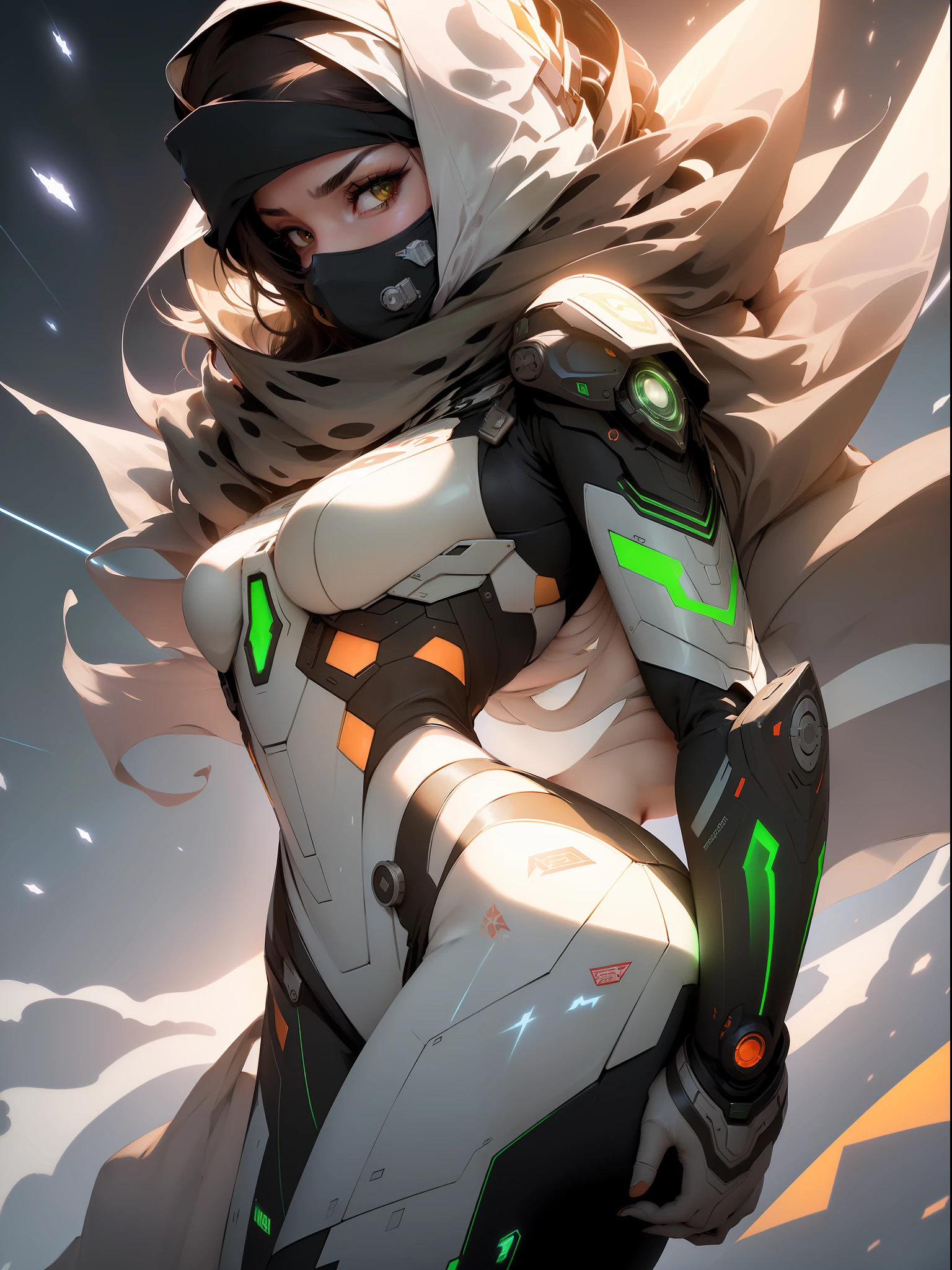 ((Best quality)), ((masterpiece)), (detailed: 1.4), (Nonsense), Fighter pilot Muslim woman ready for war, dark skin, Middle Eastern woman, sculptural body with defined muscles, mouth closed, muscular body covered by a technological dress Hoyoverse style, Honkai Impact, Geishin Impast, veil covering the face, Veil covering the head, whole body covered by clothing, ((small breasts)),  (brown eyes without pupils), ((very dark and white green clothing)), (((dark brown wavy hair fulfilled)), (thin white stripes on the green covering the breasts), (image of a Persian sword on the arms), (((lightning ray drawings on the arms)), very long eyelashes, heavy eye makeup, lots of jewelry, by mucha, niji --V5, close to the real, psychopathic, crazy face,  sexy pose, background with a giant Gundam style robot head, 2 piece clothing, shoulder pads, airplane wings on the back, pastel, centered, scale to fit dimensions, HDR (High Dynamic Range),Ray Tracing,NVIDIA RTX,Super-Resolution,Unreal 5,Subsurface dispersion, PBR texture, Post-processing, Anisotropic filtering, Depth of field, Maximum clarity and sharpness, Multilayer textures, Albedo and specular maps,  Surface Shading, Accurate Simulation of Light-Material Interaction, Perfect Proportions, Octane Render, Two-Tone Lighting, Wide Aperture, Low ISO, White Balance, Rule of Thirds, 8K RAW, Crysisnanosuit