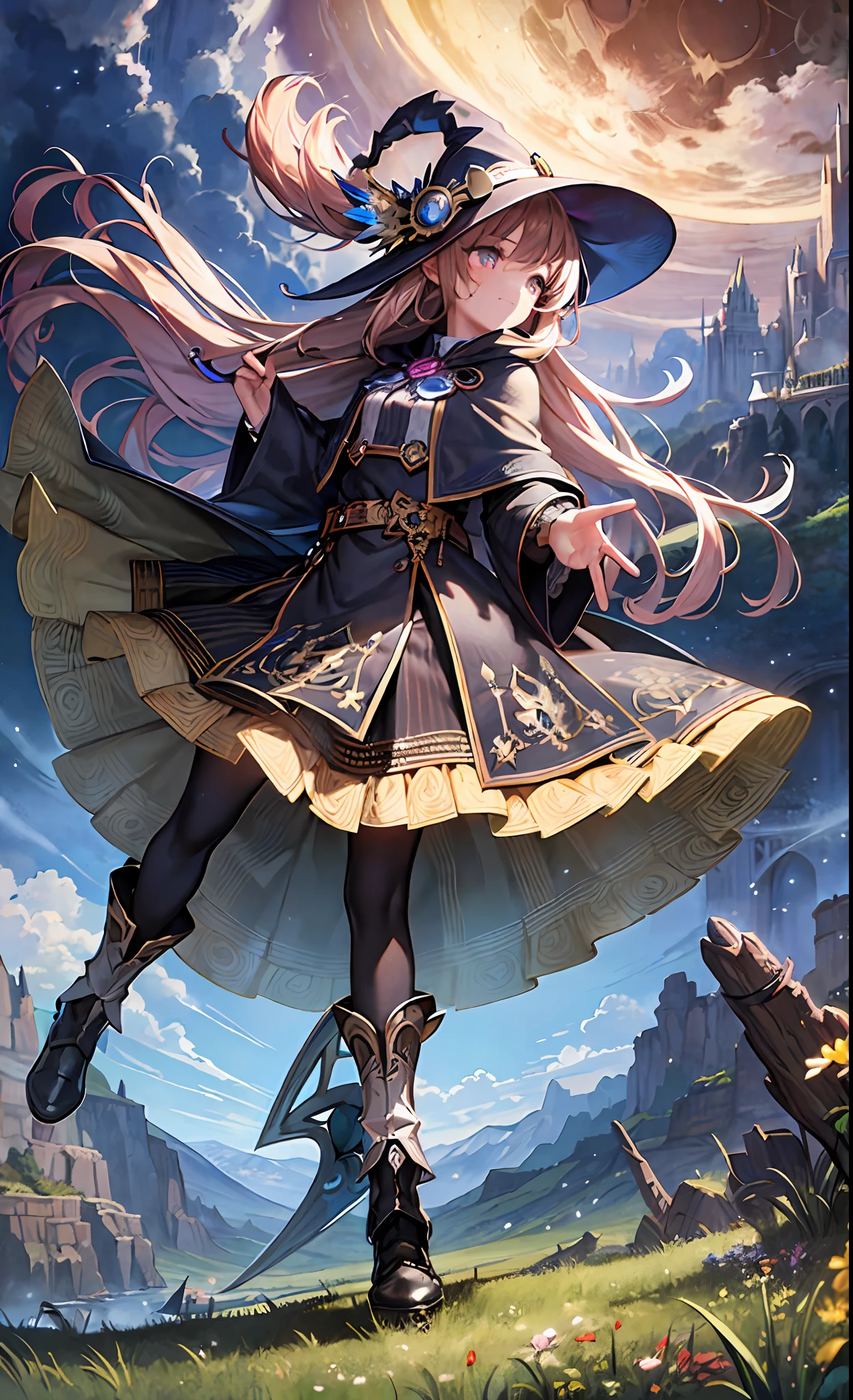 masterpiece, best quality, ultra-detailed, illustration, 1girl, solo, fantasy, flying, broom, night sky, outdoors, magic, spells, moon, stars, clouds, wind, hair, cape, hat, boots, broomstick, glowing, mysterious, enchanting, whimsical, playful, adventurous, freedom, wonder, imagination, determination, skill, speed, movement, energy, realism, naturalistic, figurative, representational, beauty, fantasy culture, mythology, fairy tales, folklore, legends, witches, wizards, magical creatures, fantasy worlds, composition, scale, foreground, middle ground, background, perspective, light, color, texture, detail, beauty, wonder.