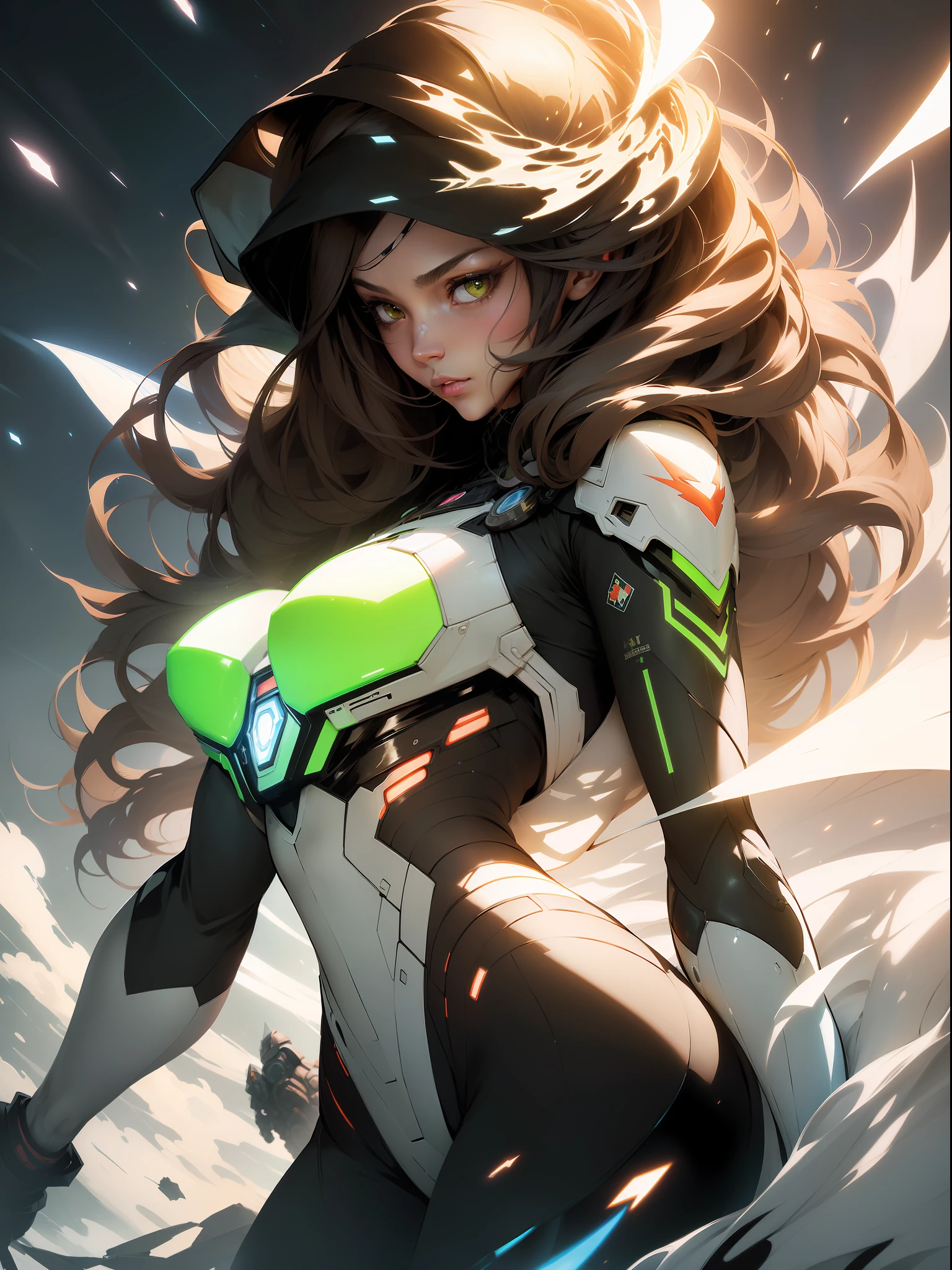 ((Best quality)), ((masterpiece)), (detailed: 1.4), (Absurd), Muslim woman fighter pilot wearing long dress, ready for war, dark skin, Middle Eastern woman, sculptural body with defined muscles, closed mouth, muscular body covered by a technological Hoyoverse style dress, Honkai Impact, Geishin Impast, veil covering face, Veil covering head, whole body covered by clothing, ((small breasts)), (brown eyes without pupils), ((very dark and white green clothing)), (((dark brown wavy hair fulfilled)), (thin white stripes on the green covering the breasts), (image of a Persian sword on the arms), (((lightning ray drawings on the arms)), very long eyelashes, heavy eye makeup, lots of jewelry, by mucha, niji --V5, close to the real, psychopathic, crazy face, sexy pose, background with a giant Gundam style robot head, 2 piece clothing, shoulder pads, airplane wings on the back, pastel, centered, scale to fit dimensions, HDR (High Dynamic Range),Ray Tracing,NVIDIA RTX,Super-Resolution,Unreal 5,Subsurface dispersion, PBR texture, Post-processing, Anisotropic filtering, Depth of field, Maximum clarity and sharpness, Multilayer textures, Albedo and specular maps, Surface Shading, Accurate Simulation of Light-Material Interaction, Perfect Proportions, Octane Render, Two-Tone Lighting, Wide Aperture, Low ISO, White Balance, Rule of Thirds, 8K RAW, Crysisnanosuit