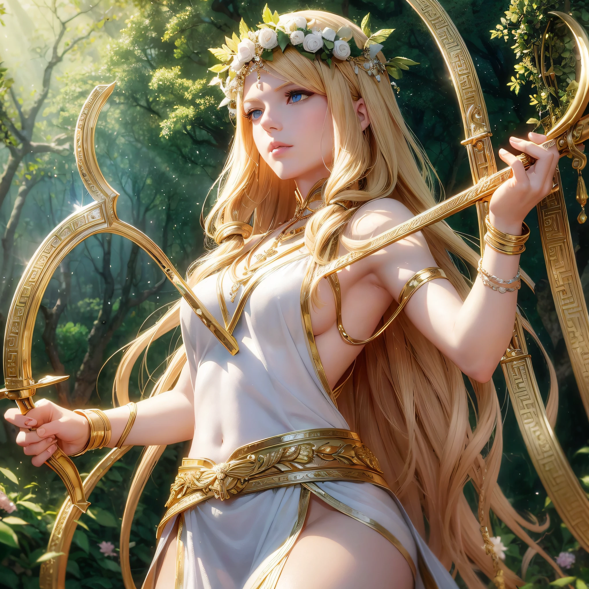 Greek goddess of wilderness and virginity, blue eyes, blond hair, fair skin, amazingly gorgeous, stern and determined, tall and slender, sleeveless very short Greek white tunic with a golden belt, archery, holding a golden bow, archery, mythical Arcadian mountains and forests, photorealistic, super high quality, high detail, masterpiece, 4k --auto --s2