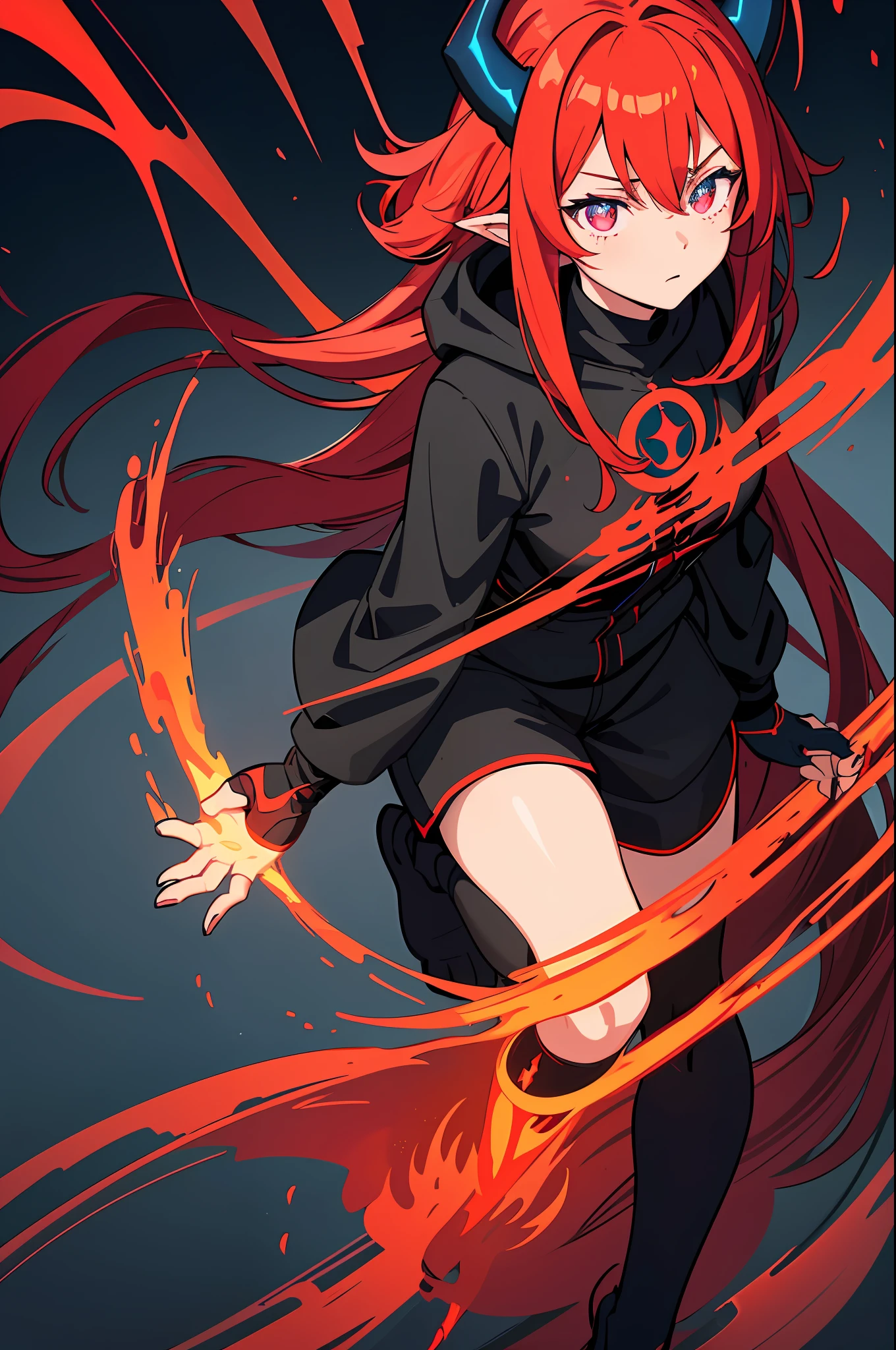 (masterpiece), (1 girl), (long crimson hair:1), (black hooded jacket:1), (black shirt:1), (black shorts:1), (tights socks:1), (glowing rune engravement on chest), (glowing crimson left eye), (glowing blue right eye), (fingerless gloves:1), red and black tone, big breasts, (crimson horns:1), fire witch, (blue flame particles), (red flame particles), (black background:), high contrast
