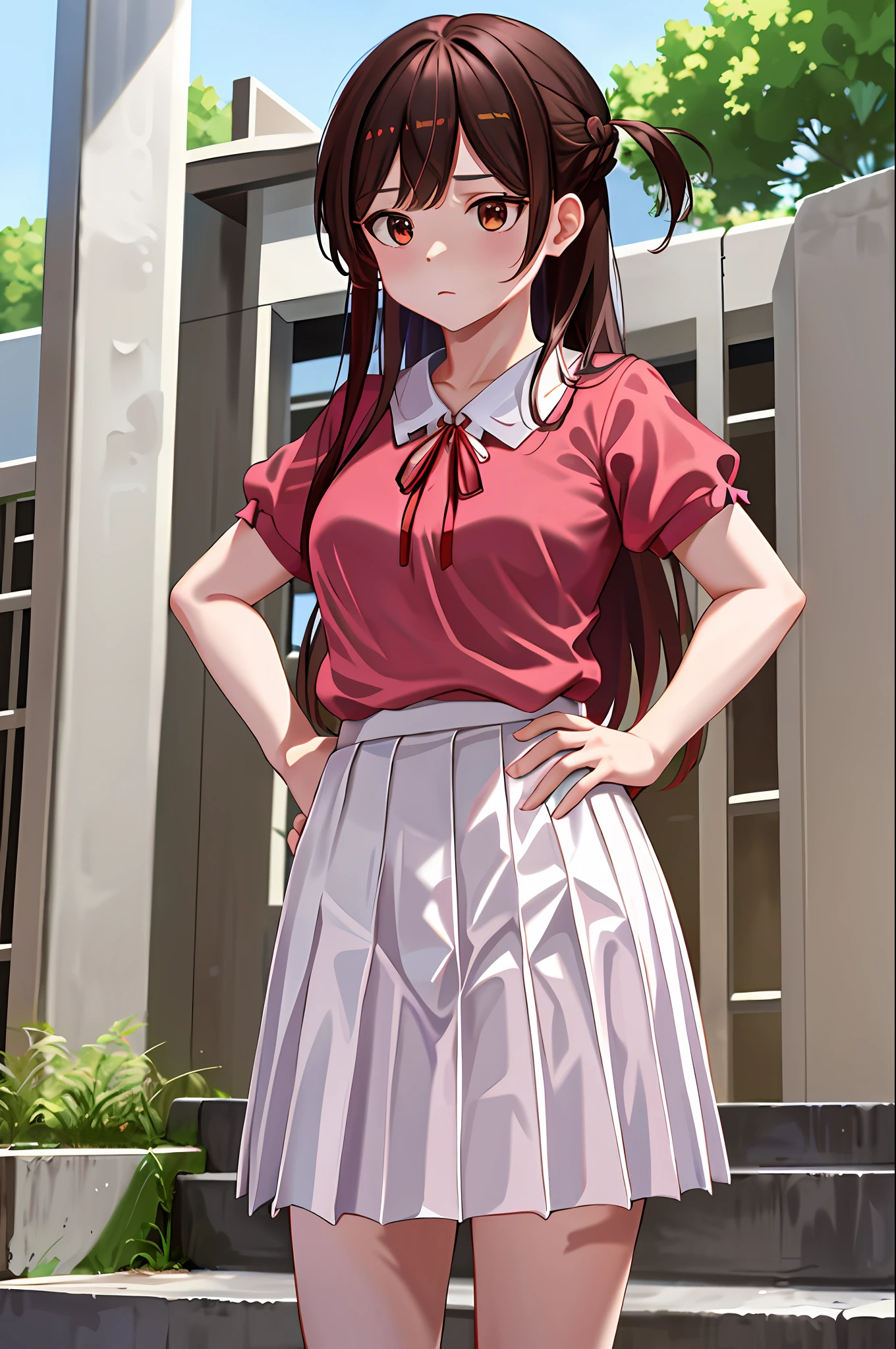 masterpiece, best quality, highres, chi1, 1girl, long hair, braid, one side up, solo, white skirt, red ribbon, pink shirt, pleated skirt, bangs, neck ribbon, puffy short sleeves, cowboy shot, street, hand on hip,