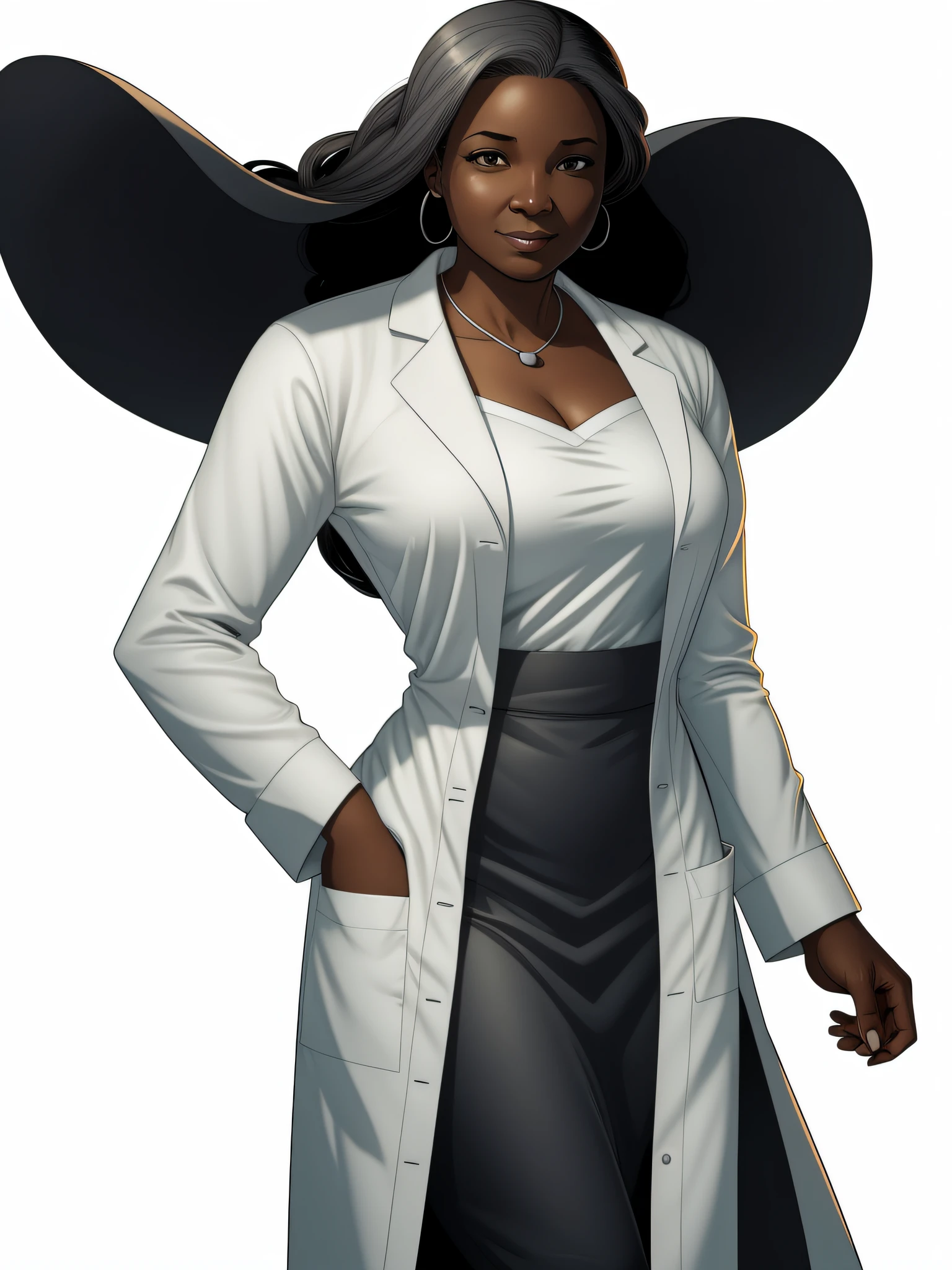 Comics hospital director, woman, black, middle-aged, gray hair, wearing lab coat, white background, illustration.