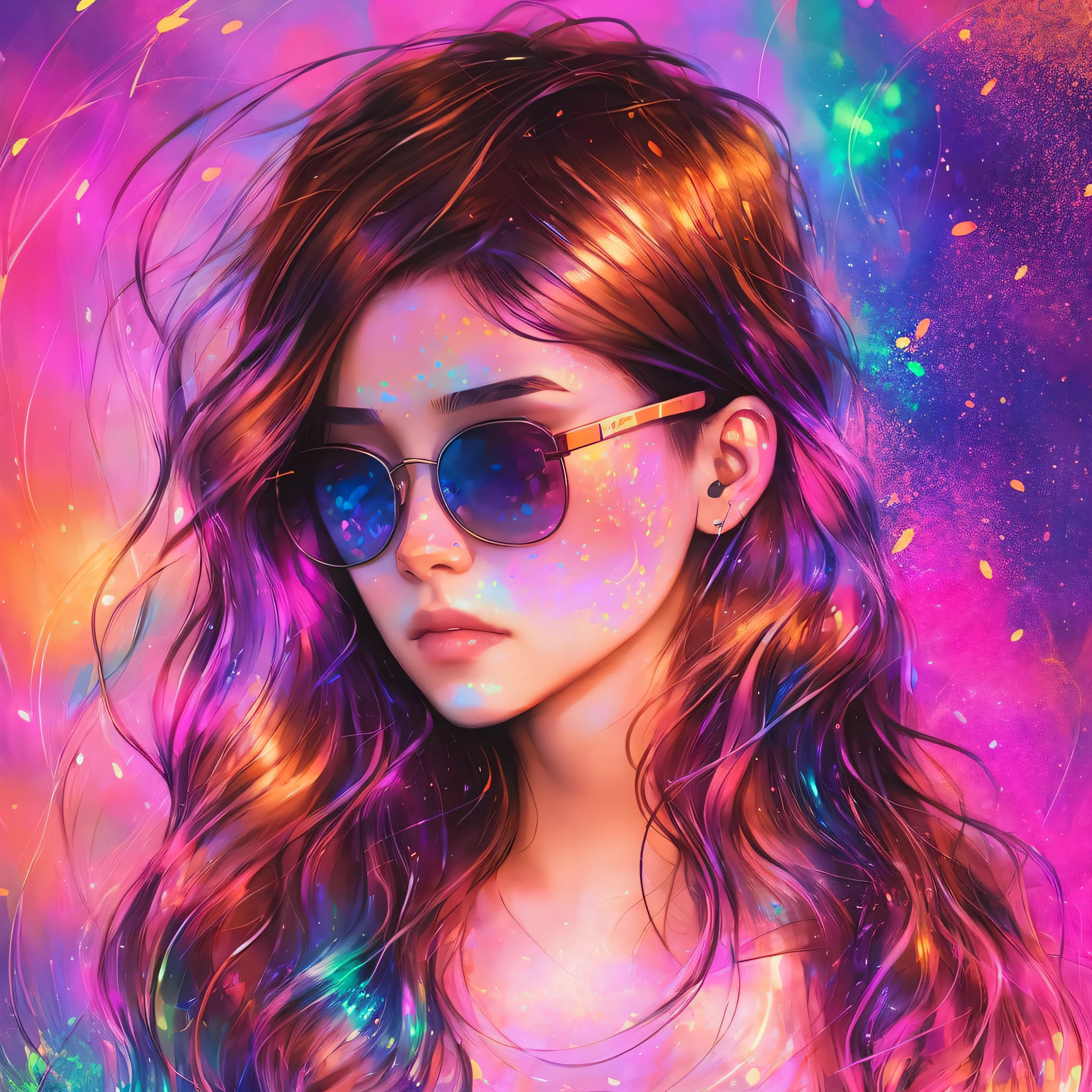Agnes Cecile youth, wearing sunglasses, glowing design, pastel colors, ink droplets, autumn lights --auto --s2