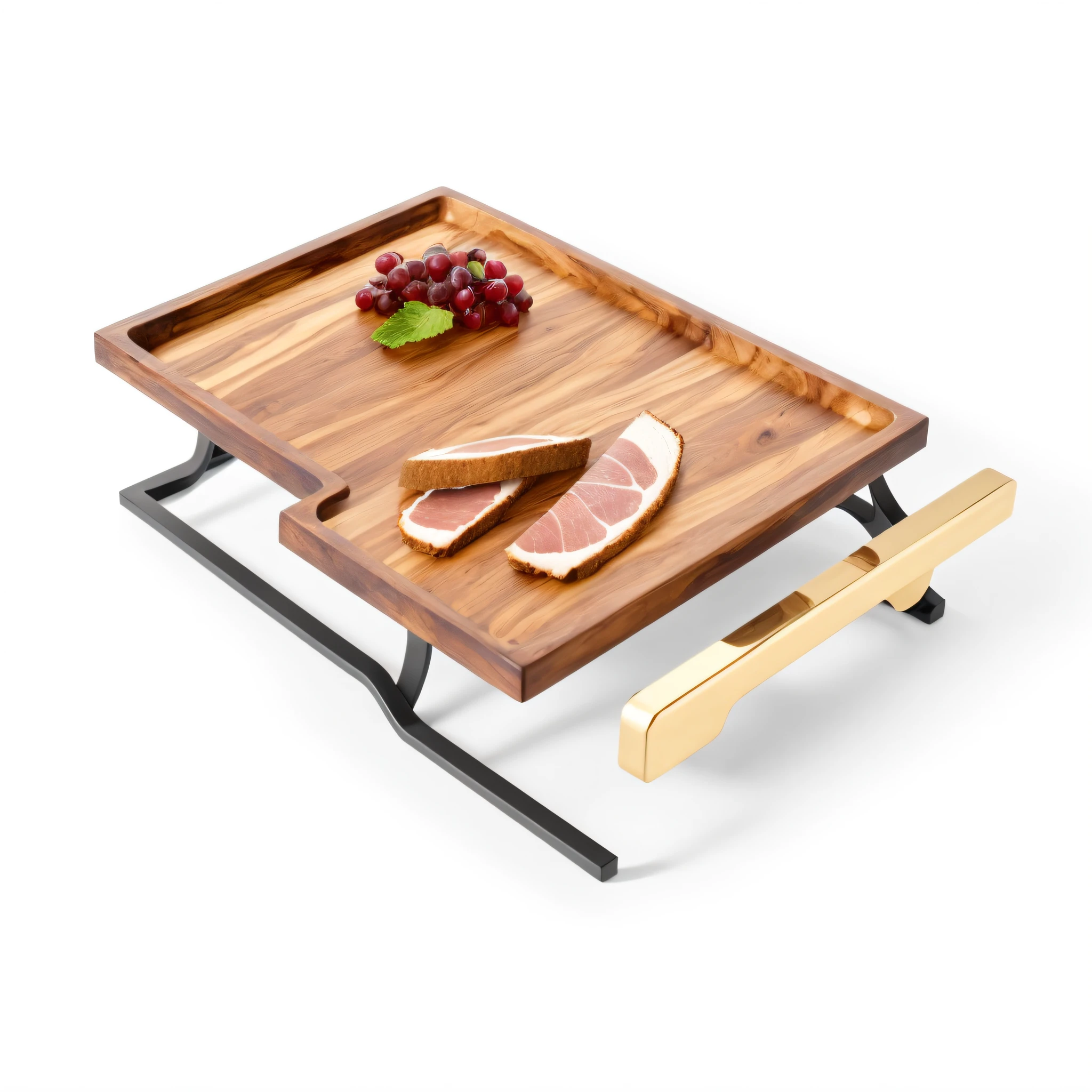there is a wooden tray with a metal handle on a stand, gourmet, on a wooden tray, mesa, wine, zido, product photo, belle, vine, regale, crisp smooth lines, crisp lines, ham, ivy, tabletop, toast, top angle view, beautiful sunny day, product design shot, goat, rocha, vines, wood, jia