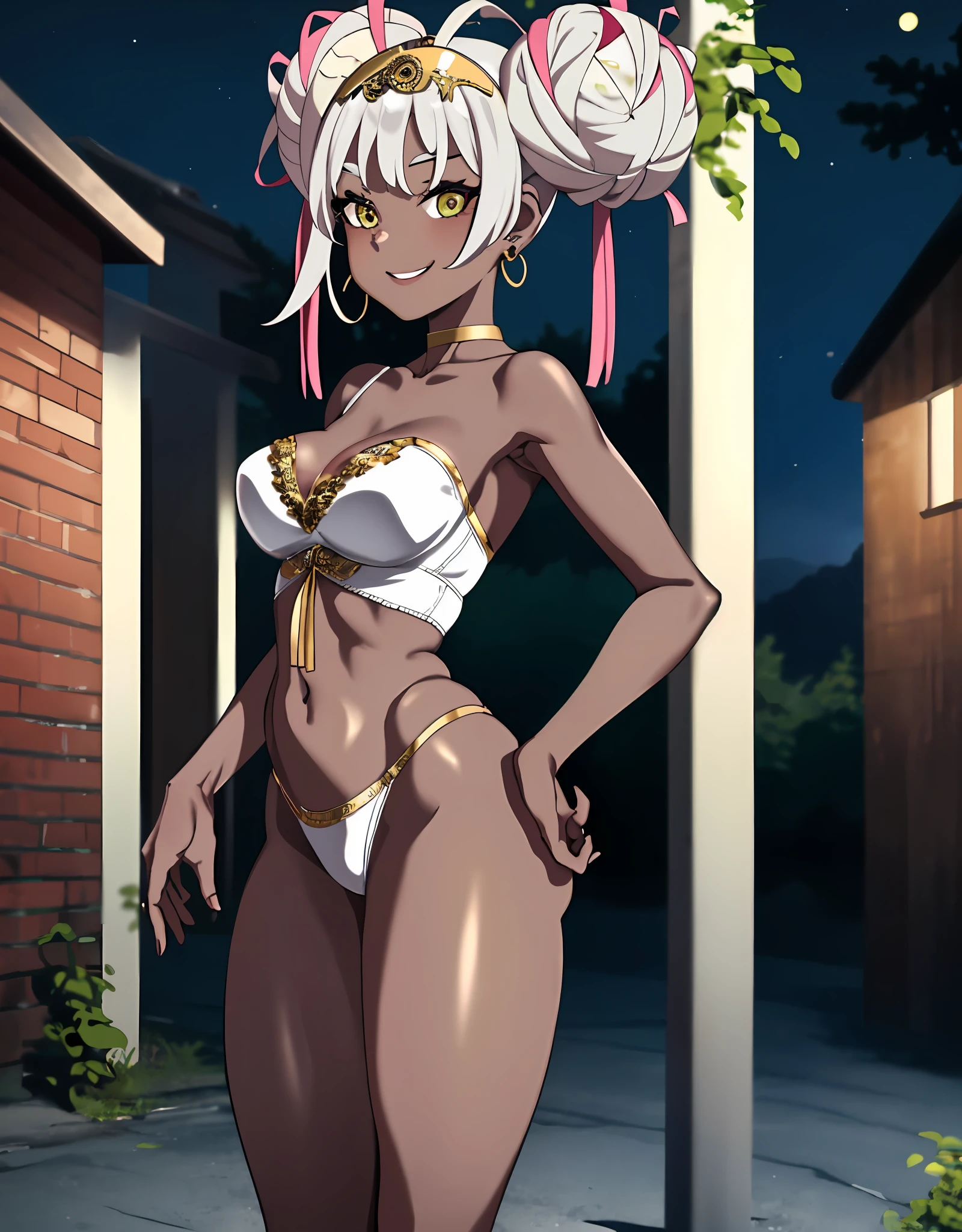 best quality, 4K wallpaper, masterpiece, extremely detailed CG unity 8k wallpaper, extremely detailed eyes, ultra-detailed, 1girl, solo, medium breasts, dark skin, white hair, gold eyes, double bun hair, earrings, nude, lingerie, outdoors, night, graveyard, looking at viewer, smile, standing, spread legs, upper body,