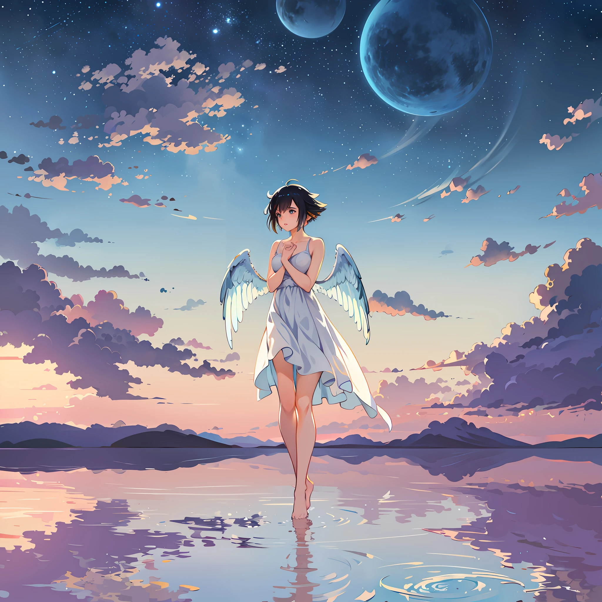 A female anime scene with her hands holding herself, wings spread, standing on one foot in the water, and a white cat lying at her feet. Starry sky, similar to Makoto Shinkai or Cyril Rolando's ethereal anime style. Digital rendering, beautiful and peaceful anime scenes, correct structure and elegant lines, quite Shinkai Makoto style.