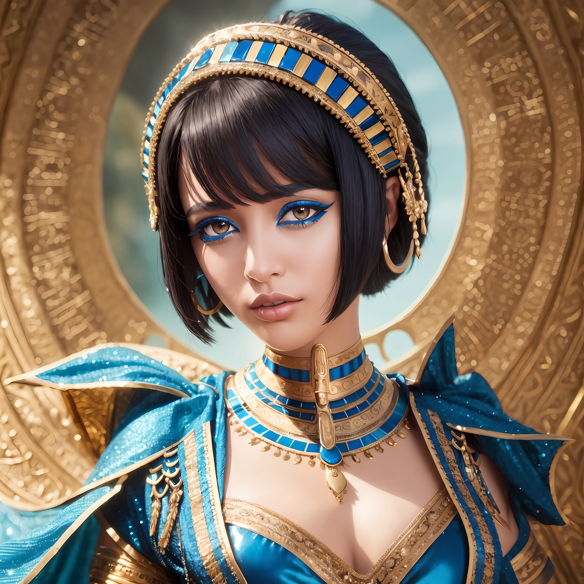 A photograph of Cleopatra with natural skin, short and voluminous black hair, sharp eyes with blue eyeshadow, a thin and upturned nose, shapely lips, an hourglass body shape, typical clothes, and makeup, intricately maximalist-detailed, vibrant, epic, smooth, cinematic, 4K, backlit, fantasy desert background a shallow depth of field.