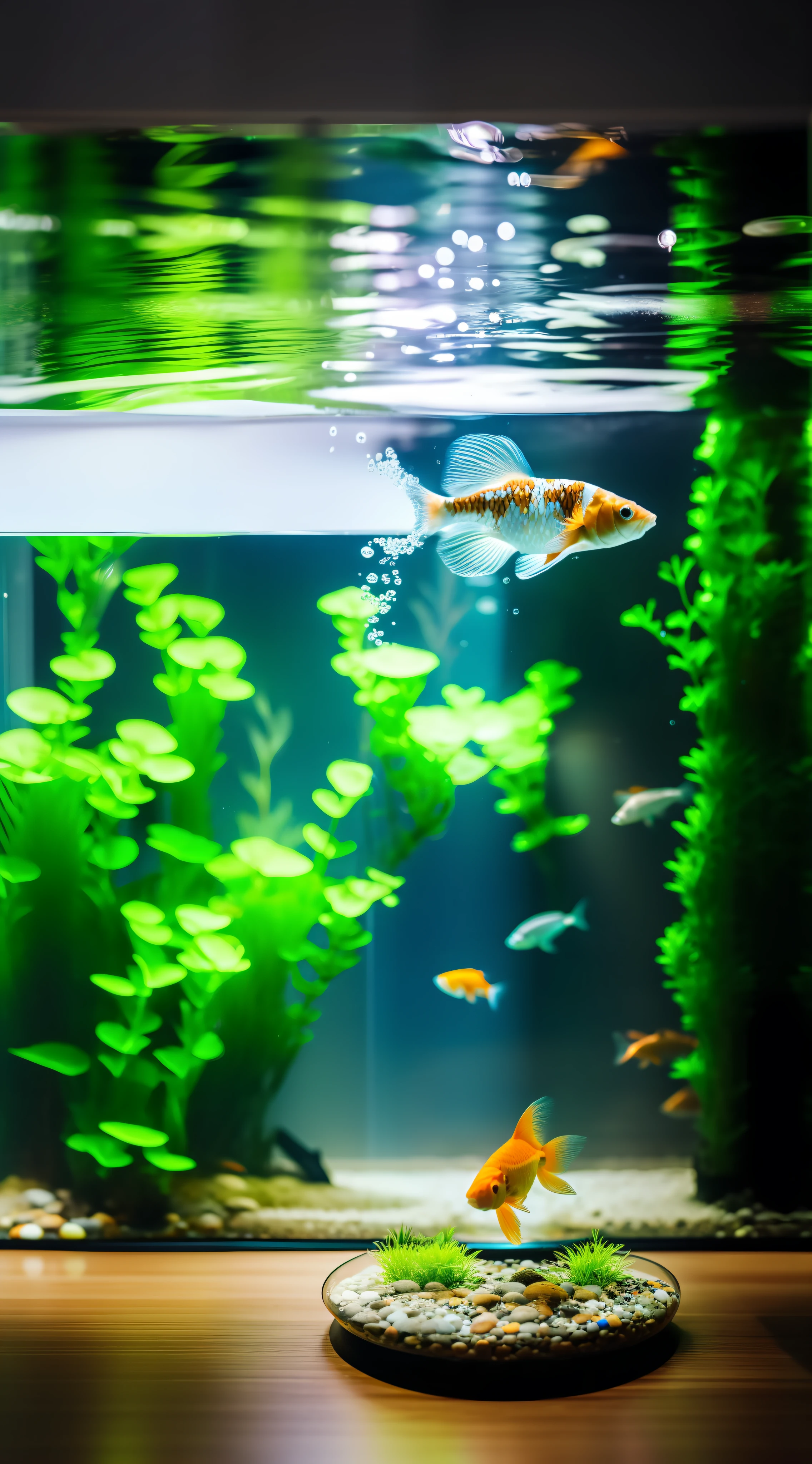 Borderless aquatic weed tank placed on living room table, aquatic landscape, a group of small goldfish, minimalist style home, interior, verism, cinematic lighting, depth of field, partially underwater shooting, wide angle lens, f/2.8, sony fe gm, uhd, masterpiece, photorealistic photography