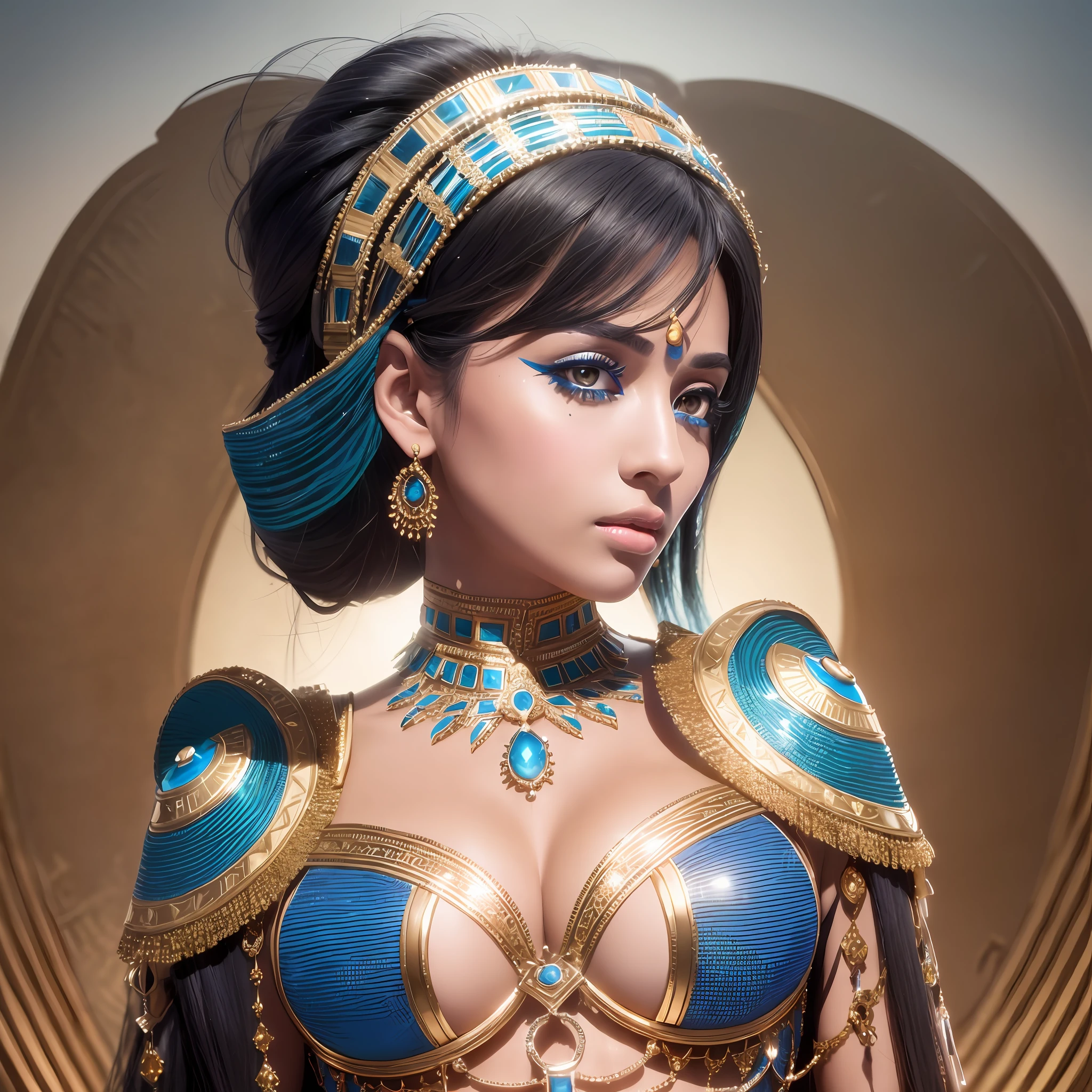 A photograph of Cleopatra with natural skin, short and voluminous black hair, sharp eyes with blue eyeshadow, a thin and upturned nose, shapely lips, an hourglass body shape, typical clothes, and makeup, intricately maximalist-detailed, vibrant, epic, smooth, cinematic, 4K, backlit, fantasy desert background, and a shallow depth of field.