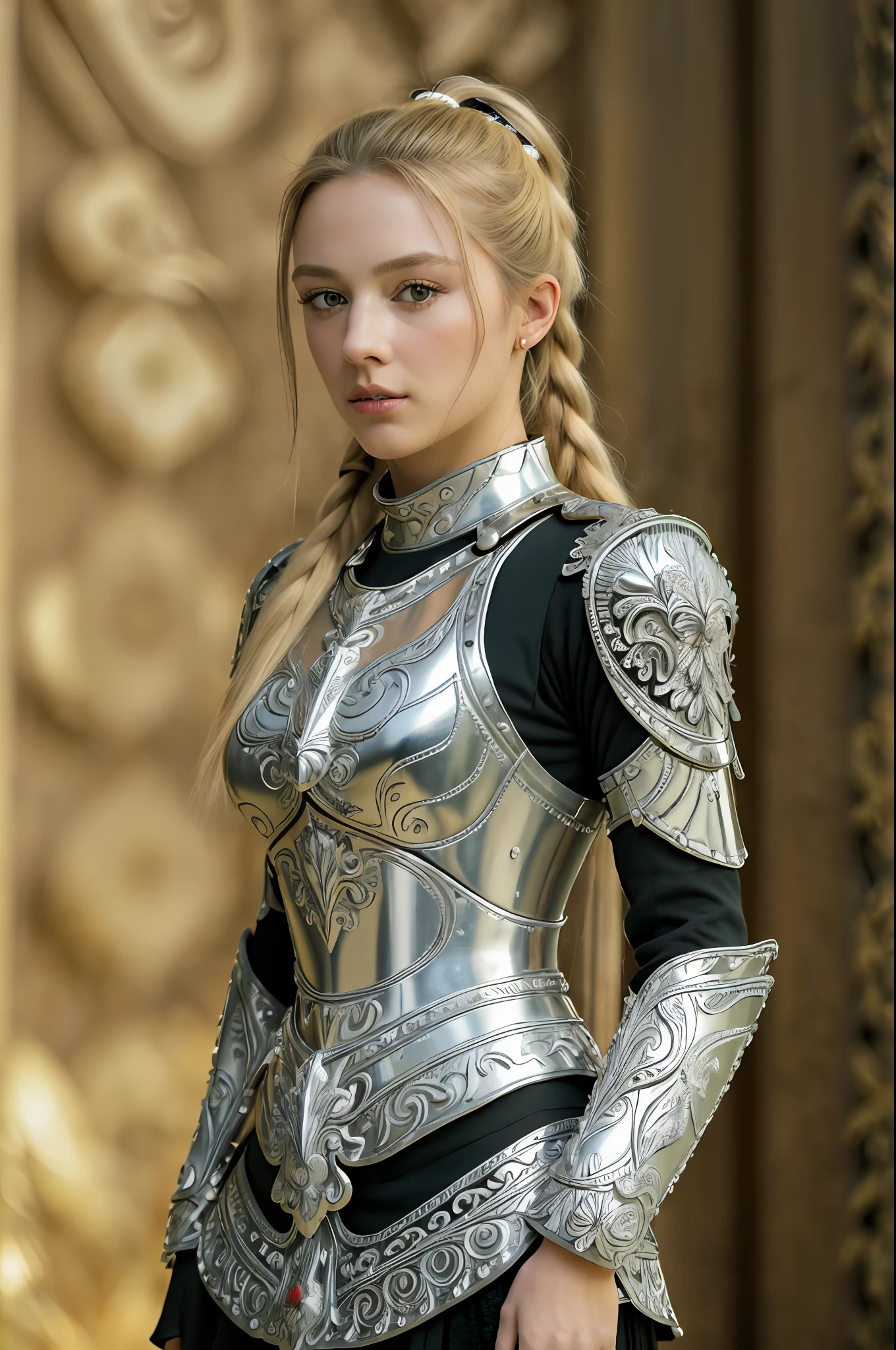 (8K, best quality:1.2), (masterpiece:1.37), (photo, photorealistic:1.37), (ultrahigh-res), full body, walking pose, shot from front, slow motion, female paladin wearing the full body, (light silver armour:1.2),(ornately decorated armor), (insanely detailed, bloom:1.5), (highest quality, Alessandro Casagrande, Greg Rutkowski, Sally Mann, concept art, 4k), (analog:1.2), (high sharpness), (detailed pupils:1.1), detailed face and eyes, Masterpiece, best quality, (highly detailed photo:1.1), (long blonde Hair, ponytail,ecstatic:1.1), (young woman:1.1), sharp, (perfect body:1.1), realistic, real shadow, 3d, (temple background:1.2), (by Michelangelo), photographed by Canan EOS R6, 135mm, 1/1250s, f/2.8, ISO 400