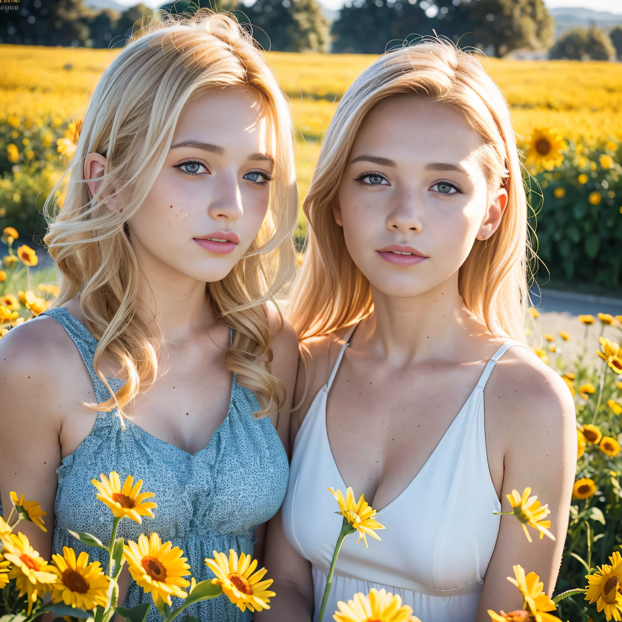 beautiful realistic woman in her twenties with freckles and blonde curls and skindetails in flower field during golden hour, skin with beautiful nostalgic mood and freckles with emotive face with wet skin and petals falling