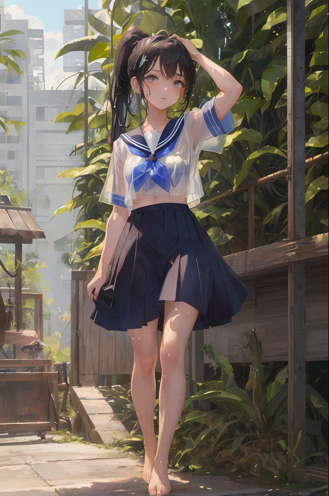Cornflower art, dreamy, (masterpiece, top quality, perfect anatomy, beautiful face, realistic, super detailed, 1 girl, 18 ears senile, solo, depth of field, canon 24mm lens, f1.4, cute_girl, sailor_ collar, clear facial features, short sleeves, small breasts, slender stature, height 170, barefoot, double ponytail, bangs, gravure pose, outdoor, jungle, Blurred background, (Uwabaki: 1.1576)) Drenched all over, clear liquid dripping from the crotch, the front of the shirt is exposed, the breasts are visible, the bra is not on, light blue striped buns,
