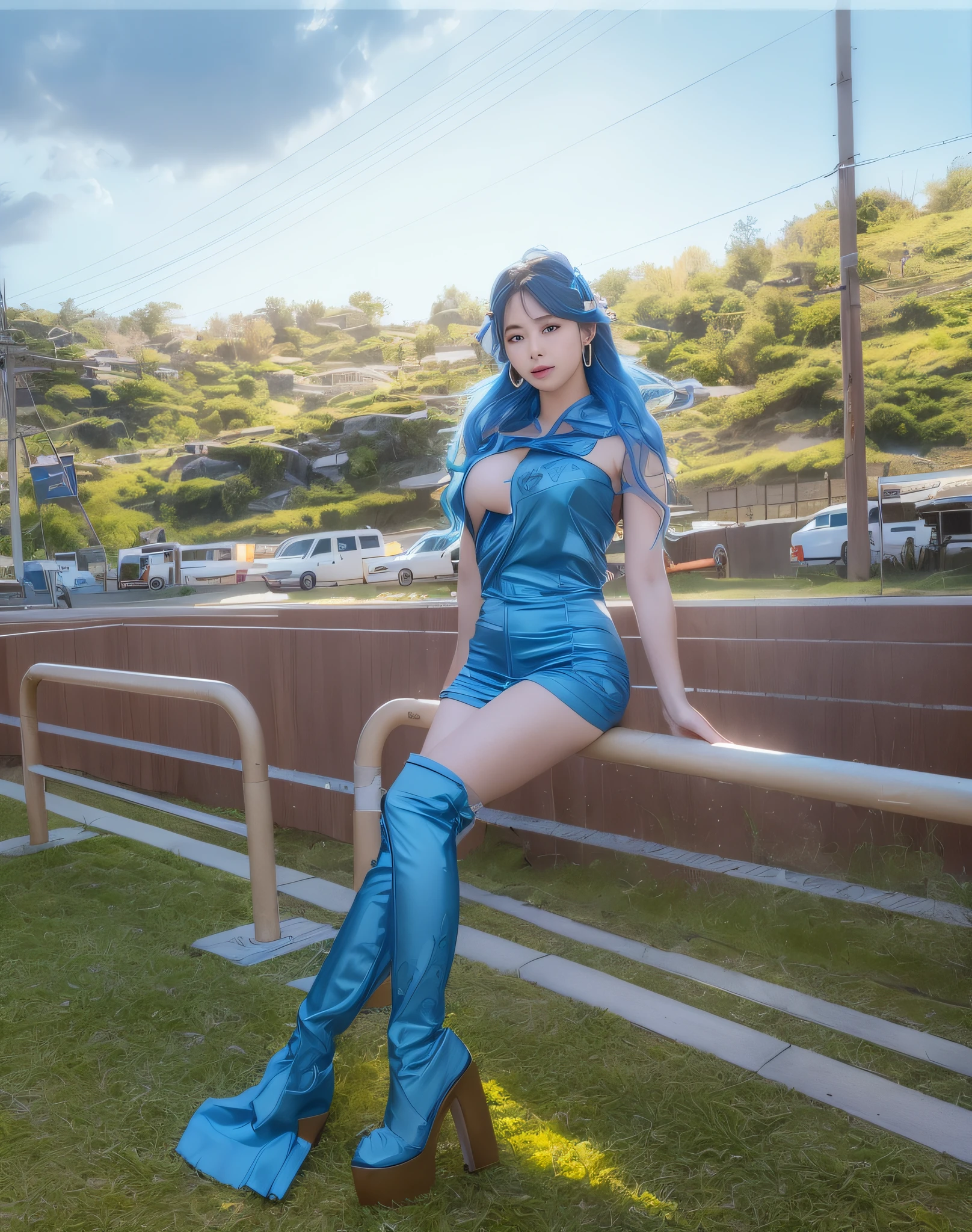 Daylight, (Perfect Body: 1.1), (Young), (Long hair: 1.2), Full body shot, (High definition CG 8k wallpaper), (Very delicate and beautiful), (Very delicate and beautiful), (Best quality: 1.0), (Best quality: 1.0), (Ultra high definition: 1.0), Beautiful lighting, Perfect lightning, Realistic shadows, [High Definition], Detailed skin, Ultra detail, Large earrings, (Beautiful hair between the eyes), Thin collarbone, Soft back, angle from the side, sweating, beautiful breasts, blush, photorealistic, realistic face, realistic eyes, small eyes, blue dress, laughter, huge breasts, (grabbing breasts), bathroom