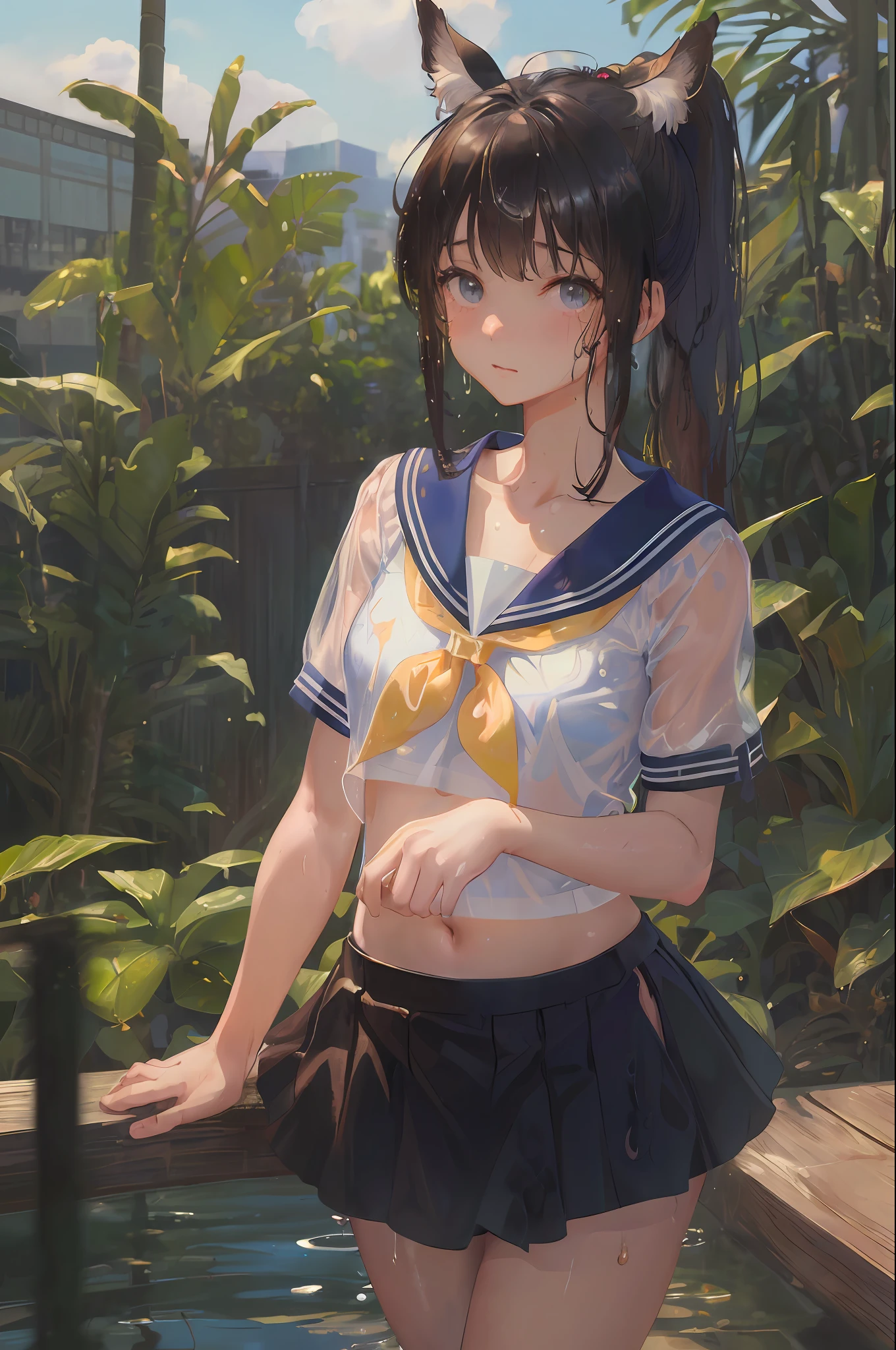 Cornflower art, dreamy, (masterpiece, top quality, perfect anatomy, beautiful face, realistic, super detailed, 1 girl, 18 ears senile, solo, depth of field, canon 24mm lens, f1.4, cute_girl, sailor_ collar, clear facial features, short sleeves, small breasts, slender stature, height 170, barefoot, double ponytail, bangs, gravure pose, outdoor, jungle, Blurred background, (Uwabaki: 1.1576)) Drenched all over, clear liquid dripping from the crotch, the front of the shirt is exposed, the breasts are visible, the bra is not on, light blue striped buns,