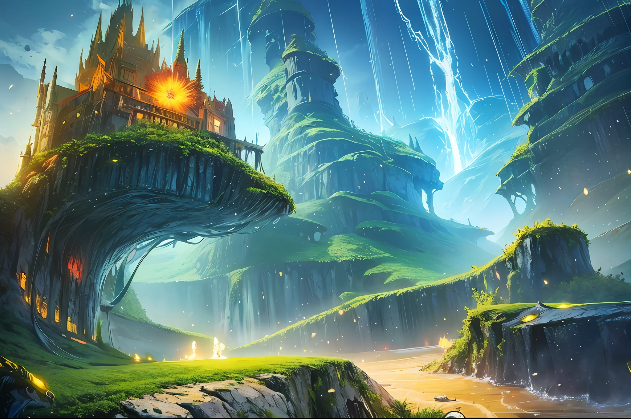 futuristic dinosaur age, masterpiece beautiful, volumetric lighting, (ambrosia), gust, mountain star marine forest, (oro: 1.2), (floating island: 1.3), will-o-the-wisp (mythology), lily (flower), firefly, cloud-moon, fragrance, bioluminescence, luminescence