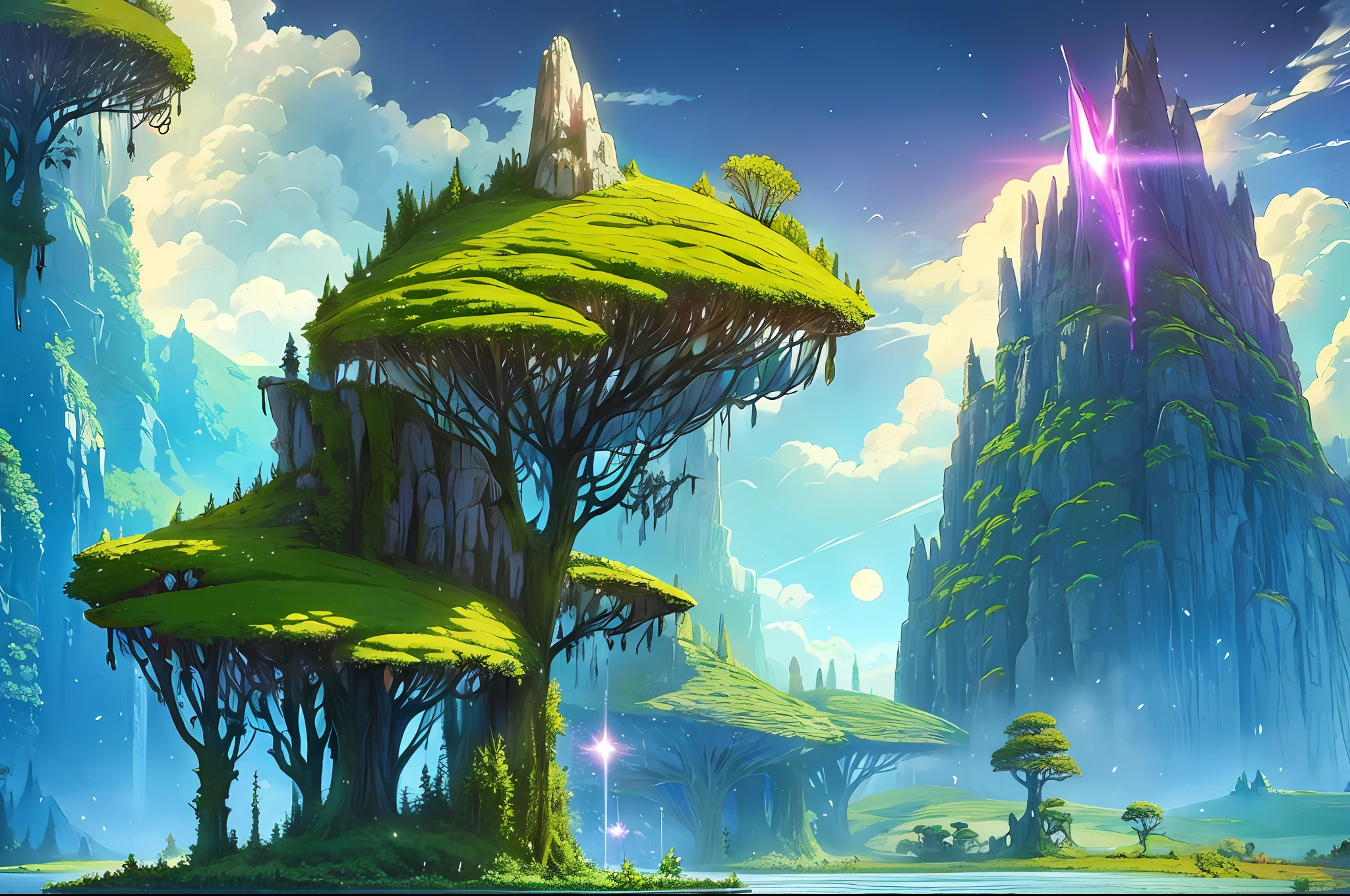 futuristic dinosaur age, masterpiece beautiful, volumetric lighting, (ambrosia), gust, mountain star marine forest, (oro: 1.2), (floating island: 1.3), will-o-the-wisp (mythology), lily (flower), firefly, cloud-moon, fragrance, bioluminescence, luminescence