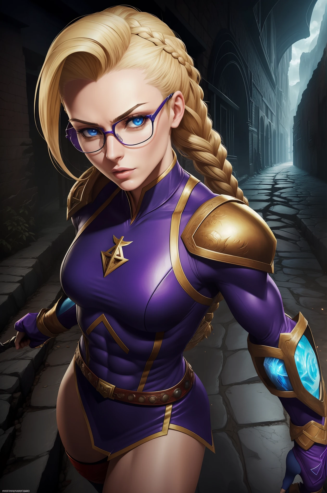 street fighter, Area, cospley, gamer character, braids, glasses, skates, iron arm, blue eyes, blonde, powers, rays, violet, uniform,8k1girl, mature woman, Establishing angle, Full body, (fit, abs, athletic: 0.4), (confident firm direct gaze raised eyebrows relaxed mouth:0.7), ( landscape with form, Apocalyptic themes, Underworld Kingdom Location1.0) (Masterpiece, Hypermaximalist, Maximalism, Best Quality, 8k, Highres, Absurdres, 4k, High Quality, Ultra High Res, Highest Quality, Ultra Detailed, 8K UHD, Realistic, Highly Detailed, Ultra-Detailed: 1.0), (Cinematic Lighting, Hdr, Raw Photo, Sharp Focus, Photorealistic, Realistic: 1.0), (Triangle-shaped face, Female face features, Female appearance, Small chin, High cheekbones, Full lips,:1.2), (Beautiful face, Detailed face, Beautiful eyes, Detailed eyes, Beautiful detailed eyes:1.0), trickster wearing light leather Dragon hide armor,
